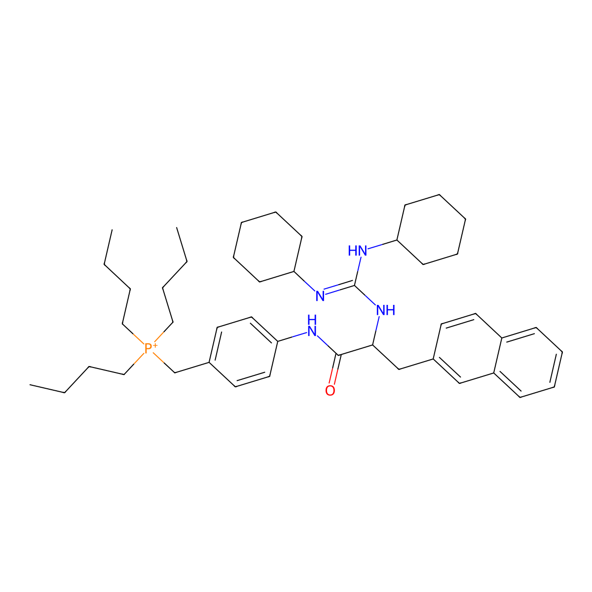 (4-(2-((Bis(cyclohexylamino)methylene)amino)-3-(naphthalen-2-yl)propanamido)benzyl)tributylphosphonium molecular structure, CAS 753428-21-6