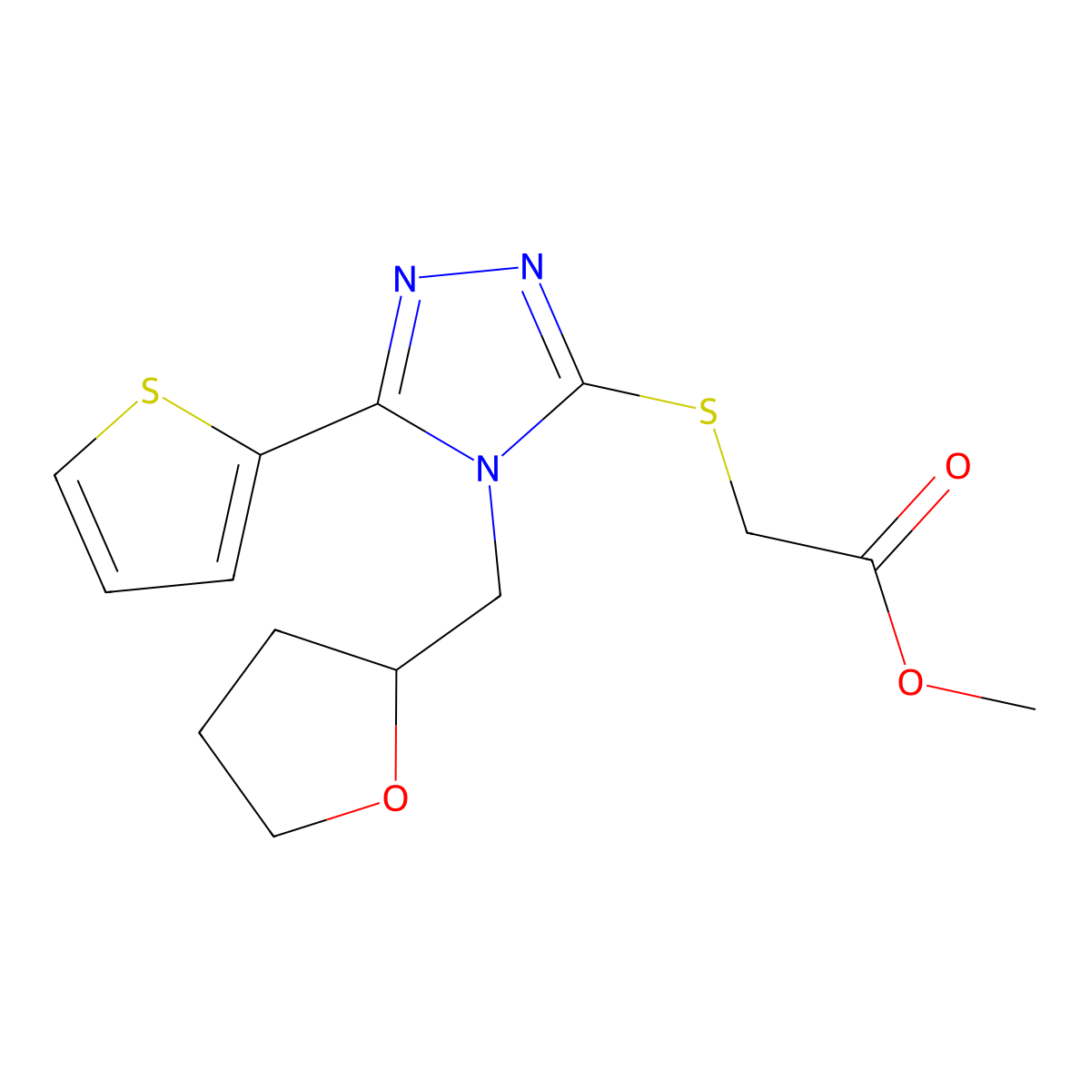 Methyl 2-[4-(oxolan-2-ylmethyl)-5-(2-thienyl)-1,2,4-triazol-3-ylthio]acetate molecular structure, CAS 753468-12-1
