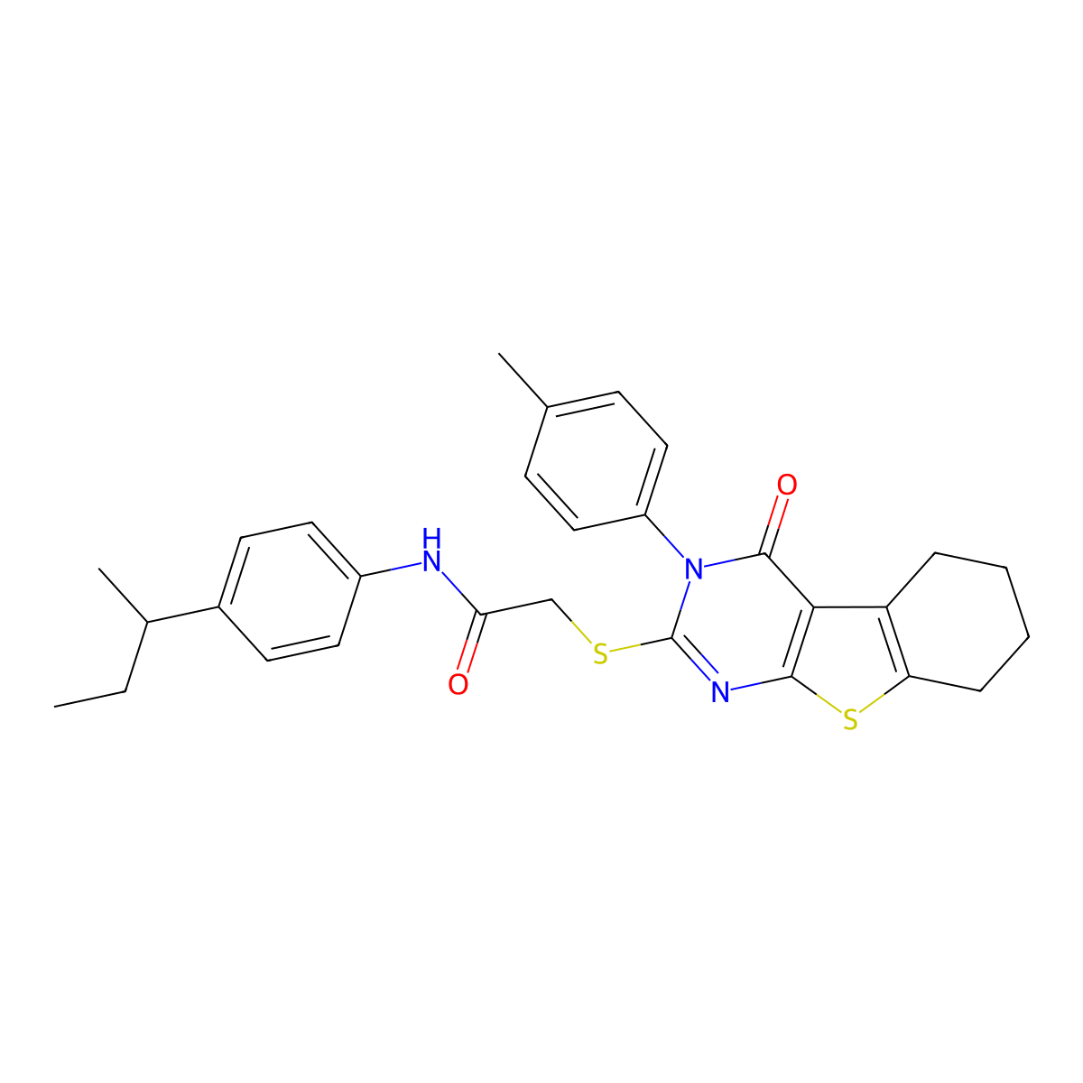N-[4-(butan-2-yl)phenyl]-2-{[3-(4-methylphenyl)-4-oxo-3,4,5,6,7,8-hexahydro[1]benzothieno[2,3-d]pyrimidin-2-yl]sulfanyl}acetamide molecular structure, CAS 753492-69-2