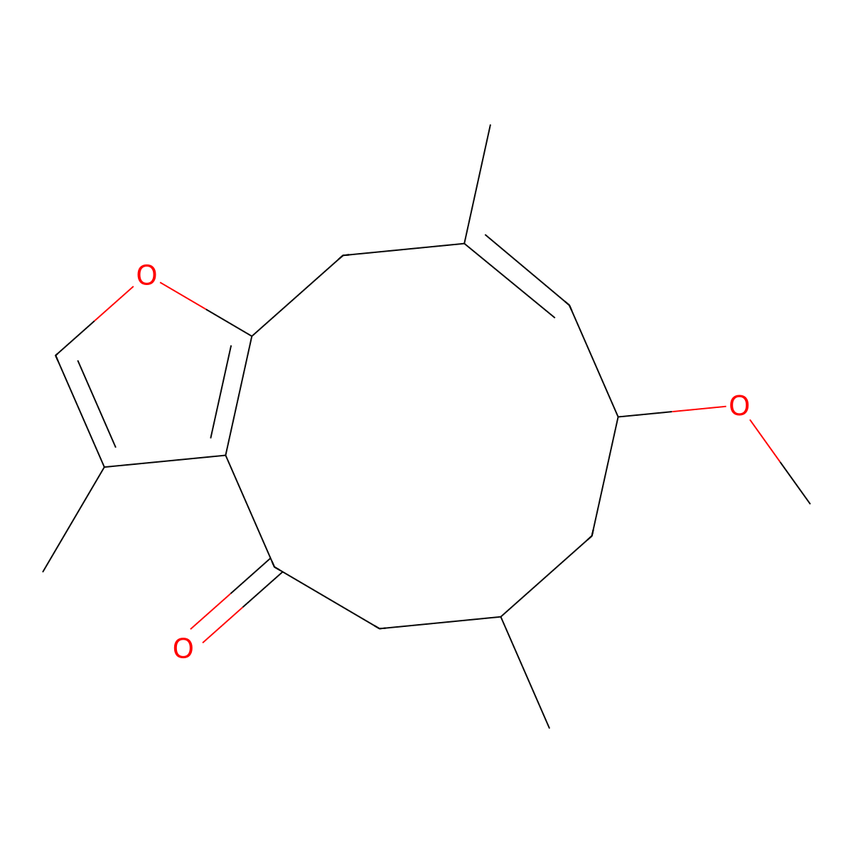 8-methoxy-3,6,10-trimethyl-6,7,8,11-tetrahydro-5H-cyclodeca[b]furan-4-one molecular structure, CAS 75412-95-2