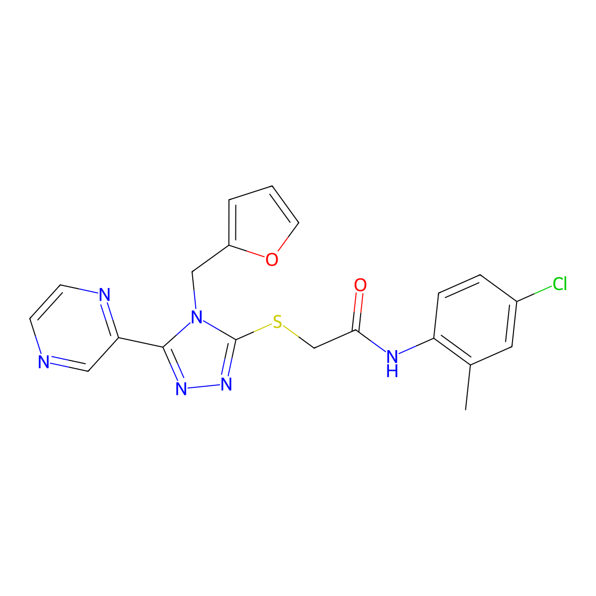 N-(4-chloro-2-methylphenyl)-2-{[4-(furan-2-ylmethyl)-5-(pyrazin-2-yl)-4H-1,2,4-triazol-3-yl]sulfanyl}acetamide molecular structure, CAS 754197-13-2