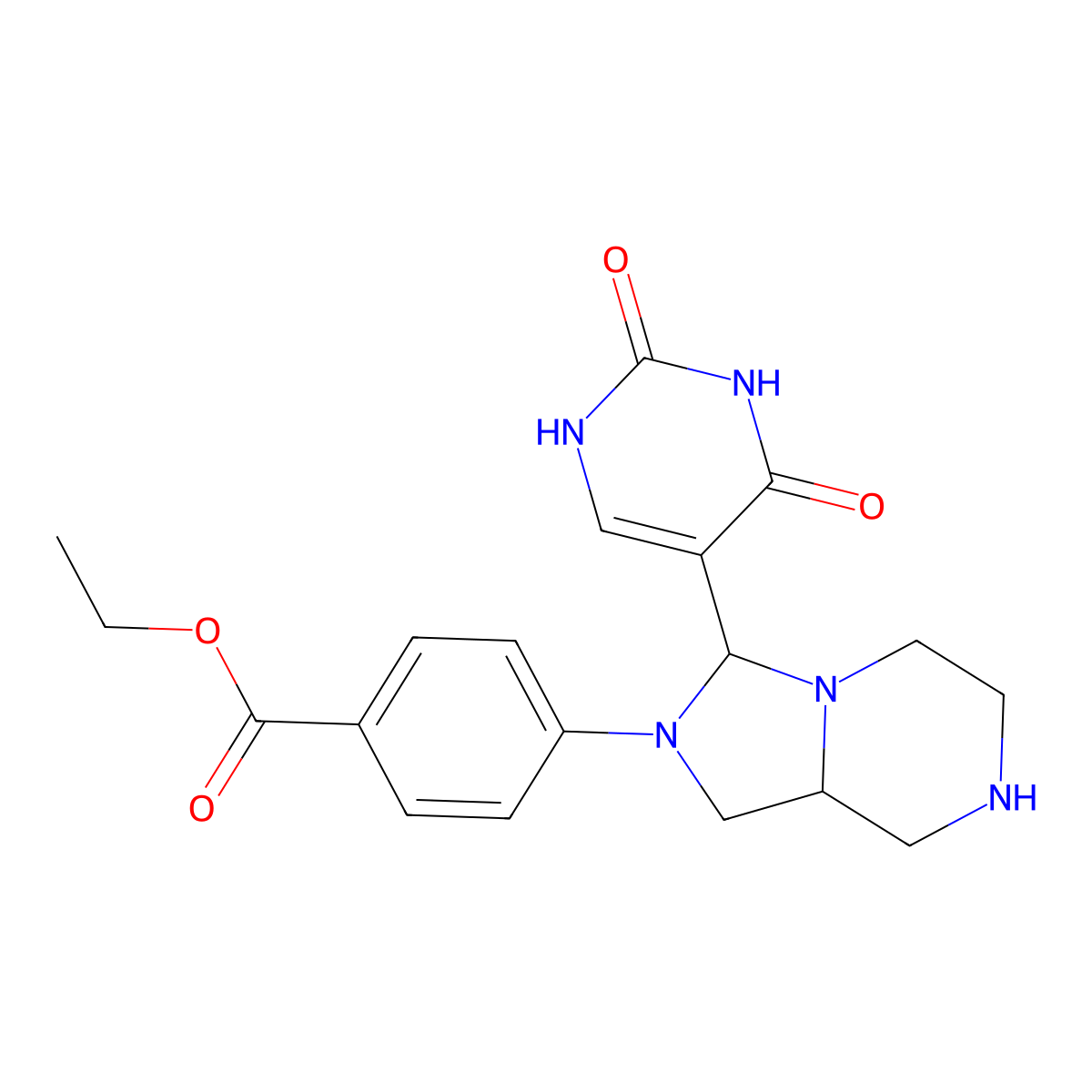 Benzoic acid,4-[hexahydro-3-(1,2,3,4-tetrahydro-2,4-dioxo-5-pyrimidinyl)imidazo[1,5-a]pyrazin-2(3h)-yl]-,ethyl ester molecular structure, CAS 7542-46-3