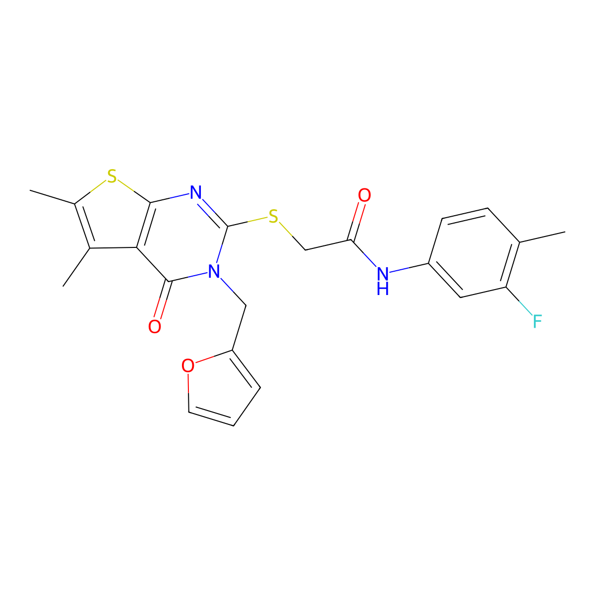 N-(3-fluoro-4-methylphenyl)-2-[3-(2-furylmethyl)-5,6-dimethyl-4-oxo(3-hydrothi opheno[2,3-d]pyrimidin-2-ylthio)]acetamide molecular structure, CAS 754204-21-2