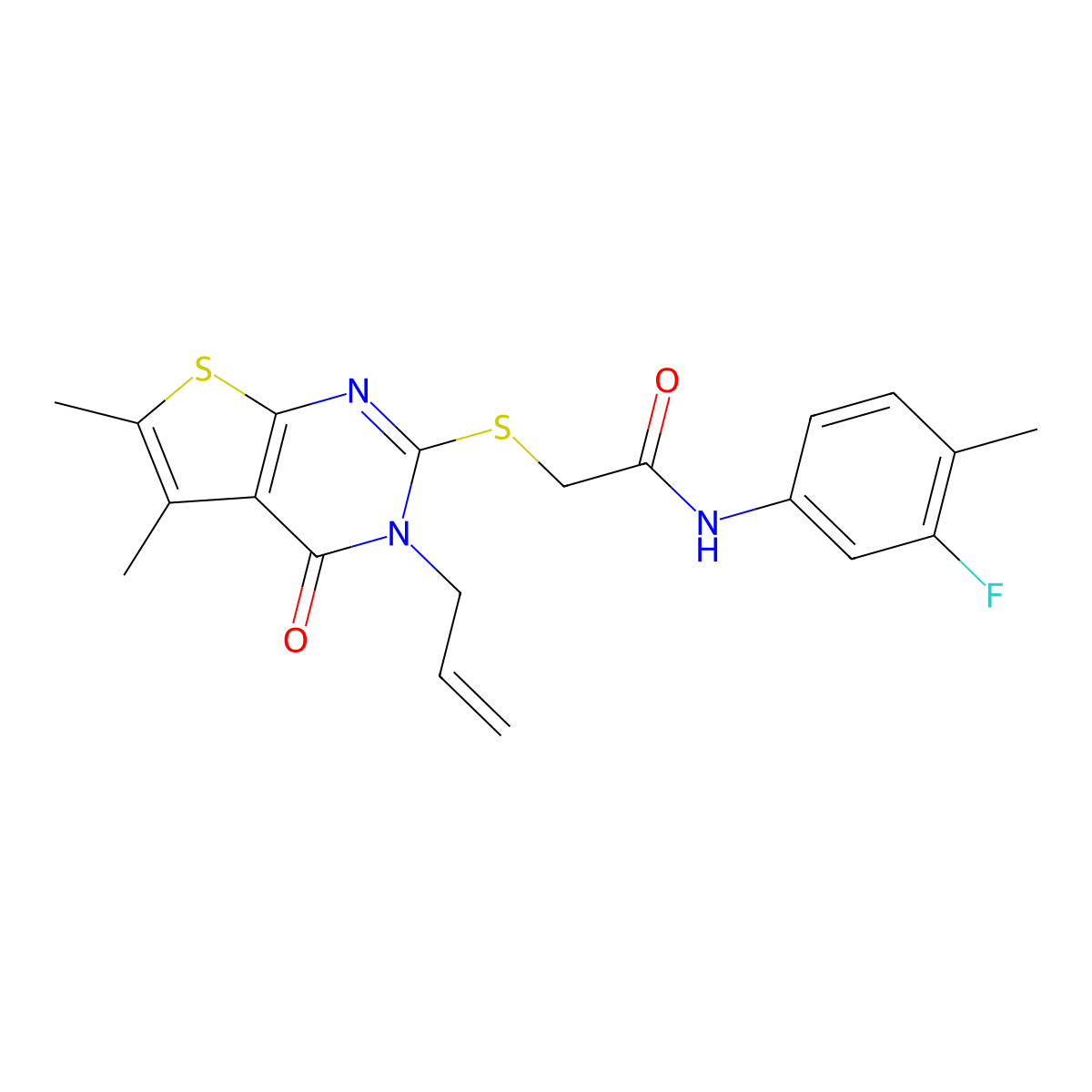 2-{[5,6-dimethyl-4-oxo-3-(prop-2-en-1-yl)-3,4-dihydrothieno[2,3-d]pyrimidin-2-yl]sulfanyl}-N-(3-fluoro-4-methylphenyl)acetamide molecular structure, CAS 754204-38-1