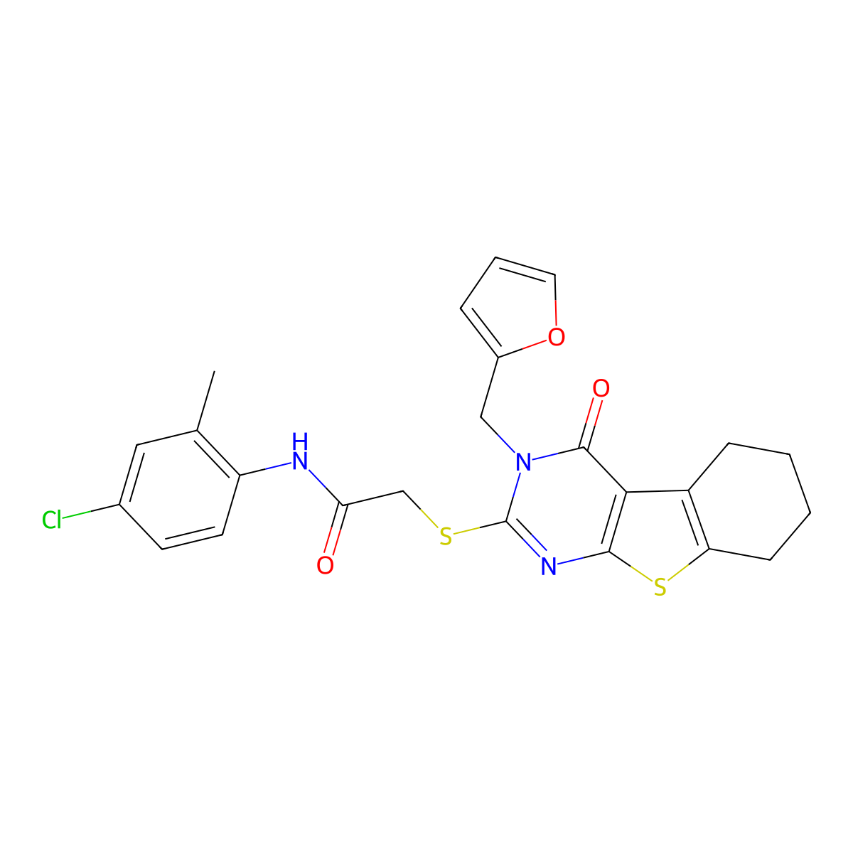 N-(4-chloro-2-methylphenyl)-2-[3-(2-furylmethyl)-4-oxo(3,5,6,7,8-pentahydroben zo[b]thiopheno[2,3-d]pyrimidin-2-ylthio)]acetamide molecular structure, CAS 754217-06-6