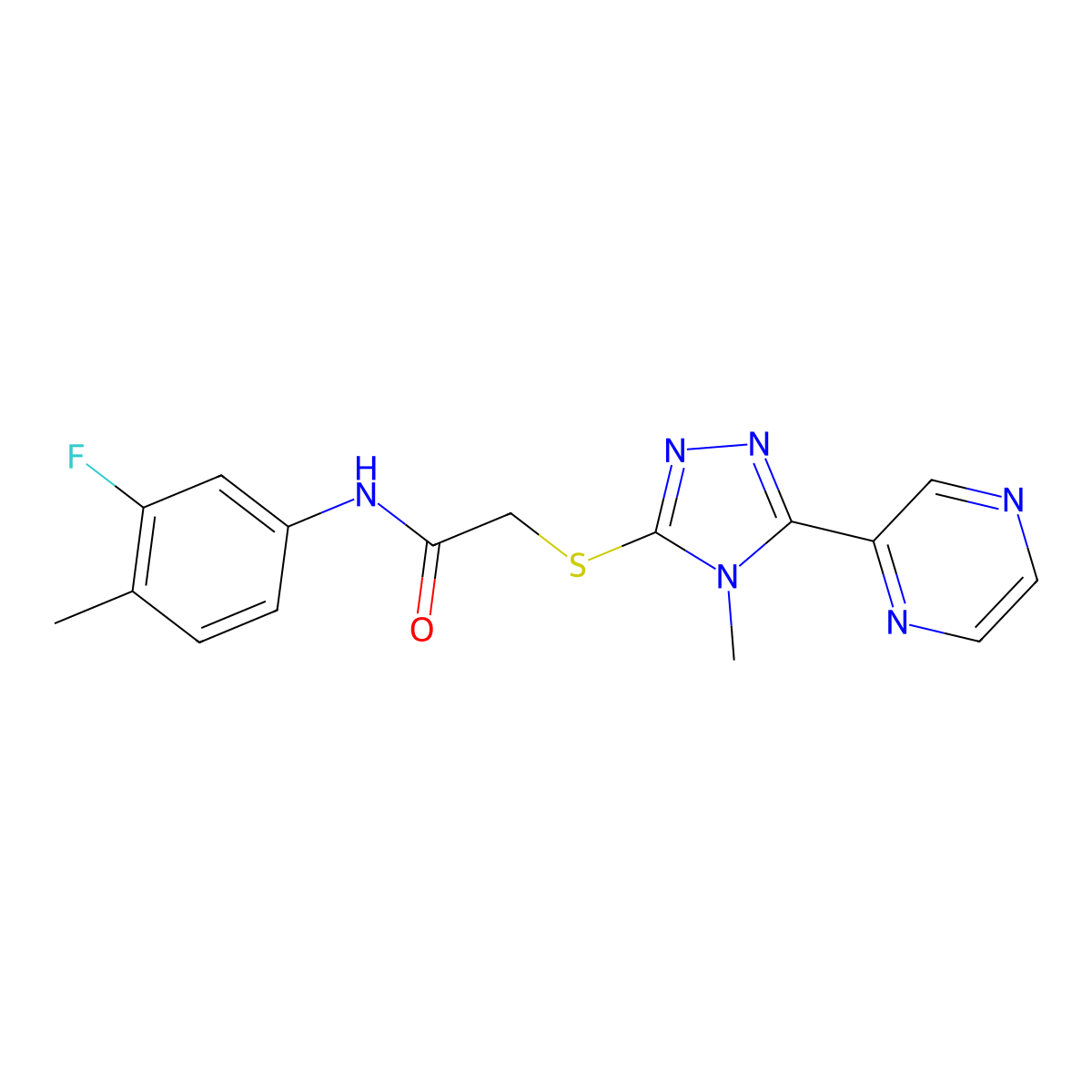 N-(3-fluoro-4-methylphenyl)-2-{[4-methyl-5-(pyrazin-2-yl)-4H-1,2,4-triazol-3-yl]sulfanyl}acetamide molecular structure, CAS 754223-31-9