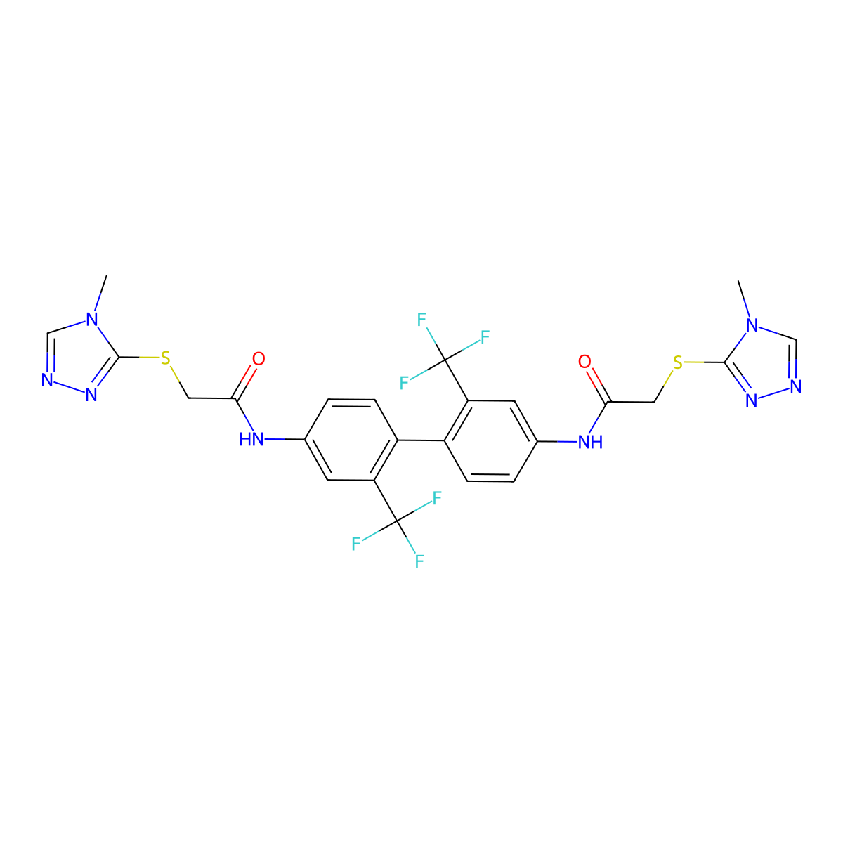 N,N'-[2,2'-bis(trifluoromethyl)biphenyl-4,4'-diyl]bis{2-[(4-methyl-4H-1,2,4-triazol-3-yl)sulfanyl]acetamide} molecular structure, CAS 754233-69-7