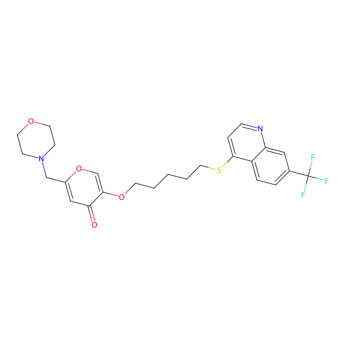 2-(Morpholinomethyl)-5-((5-((7-(trifluoromethyl)quinolin-4-yl)thio)pentyl)oxy)-4H-pyran-4-one molecular structure, CAS 754239-64-0