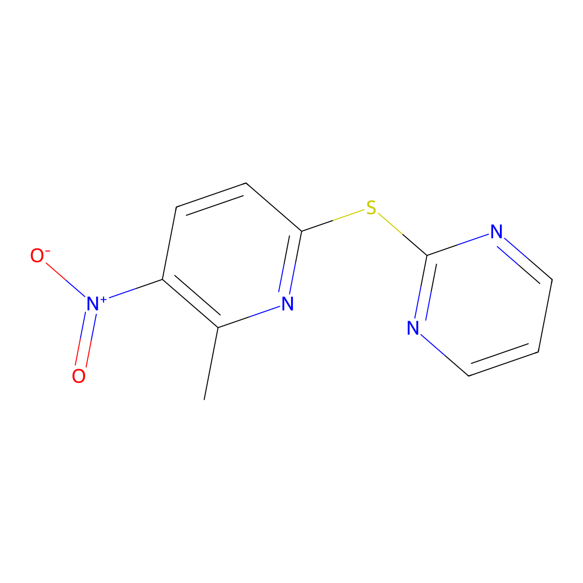 Pyrimidine, 2-((6-methyl-5-nitro-2-pyridinyl)thio)- molecular structure, CAS 75464-85-6