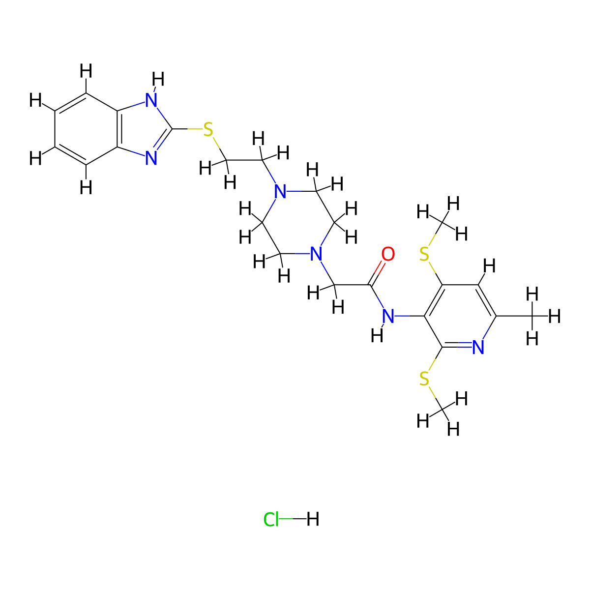 2-(4-(2-((1H-Benzo[d]imidazol-2-yl)thio)ethyl)piperazin-1-yl)-N-(6-methyl-2,4-bis(methylthio)pyridin-3-yl)acetamide hydrochloride molecular structure, CAS 754989-30-5