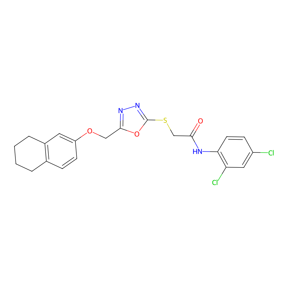 N-(2,4-dichlorophenyl)-2-[[5-(5,6,7,8-tetrahydronaphthalen-2-yloxymethyl)-1,3,4-oxadiazol-2-yl]sulfanyl]acetamide molecular structure, CAS 755002-12-1