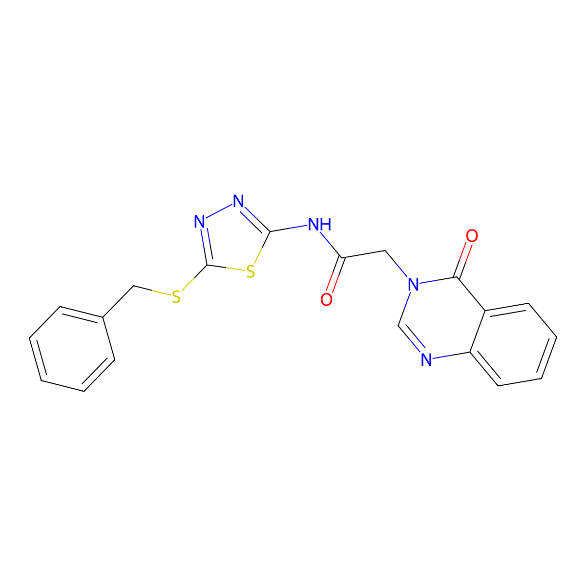 N-[5-(benzylsulfanyl)-1,3,4-thiadiazol-2-yl]-2-(4-oxo-3(4H)-quinazolinyl)acetamide molecular structure, CAS 755010-04-9