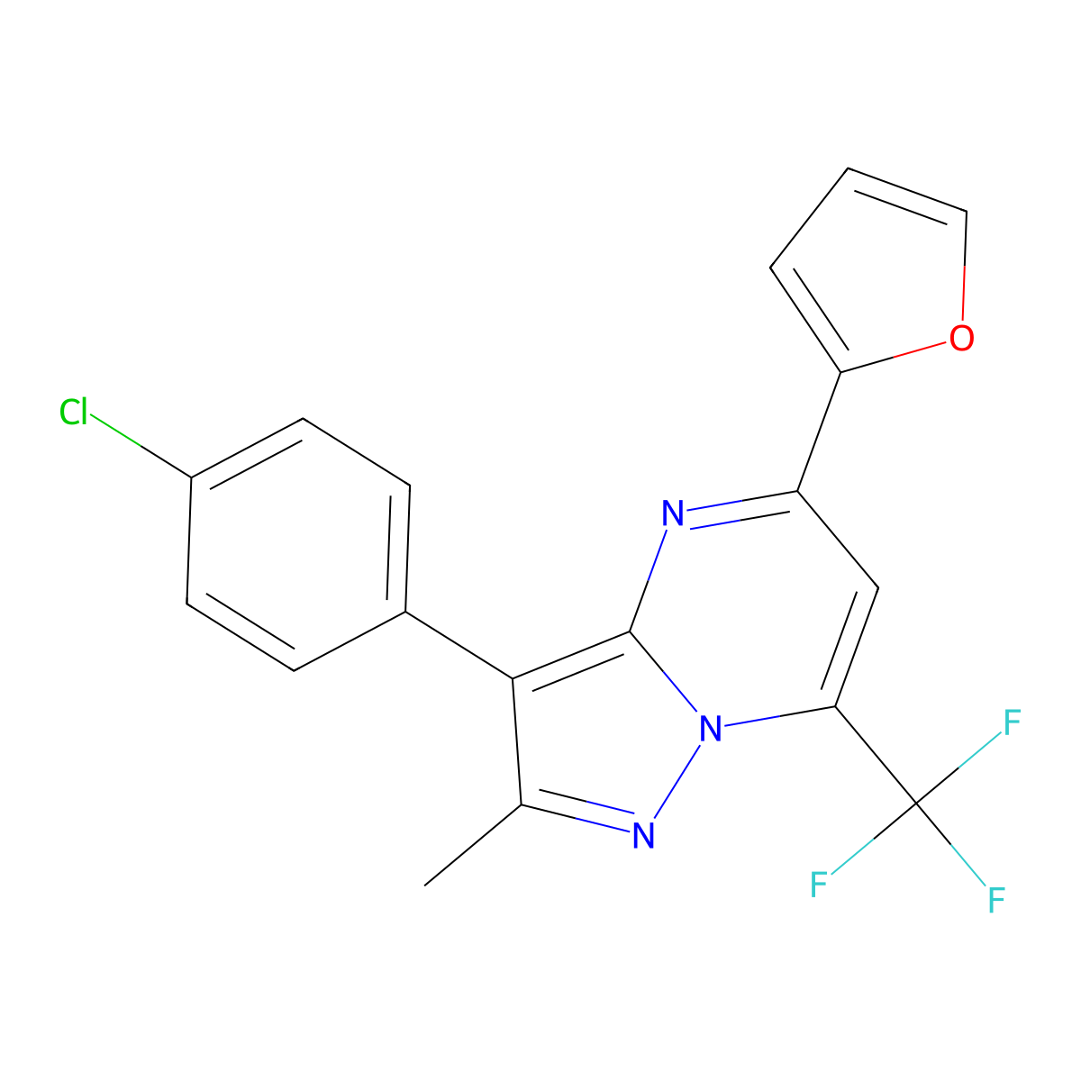 3-(4-Chlorophenyl)-5-(furan-2-yl)-2-methyl-7-(trifluoromethyl)pyrazolo[1,5-a]pyrimidine molecular structure, CAS 755020-86-1
