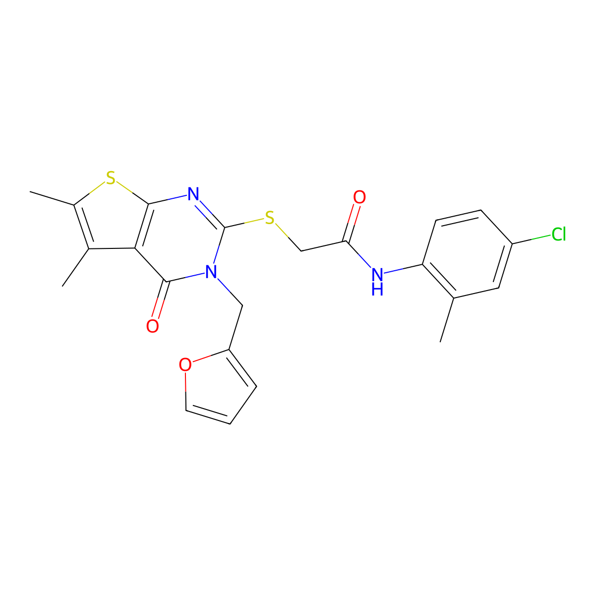 N-(4-chloro-2-methylphenyl)-2-[3-(2-furylmethyl)-5,6-dimethyl-4-oxo(3-hydrothi opheno[2,3-d]pyrimidin-2-ylthio)]acetamide molecular structure, CAS 755022-20-9