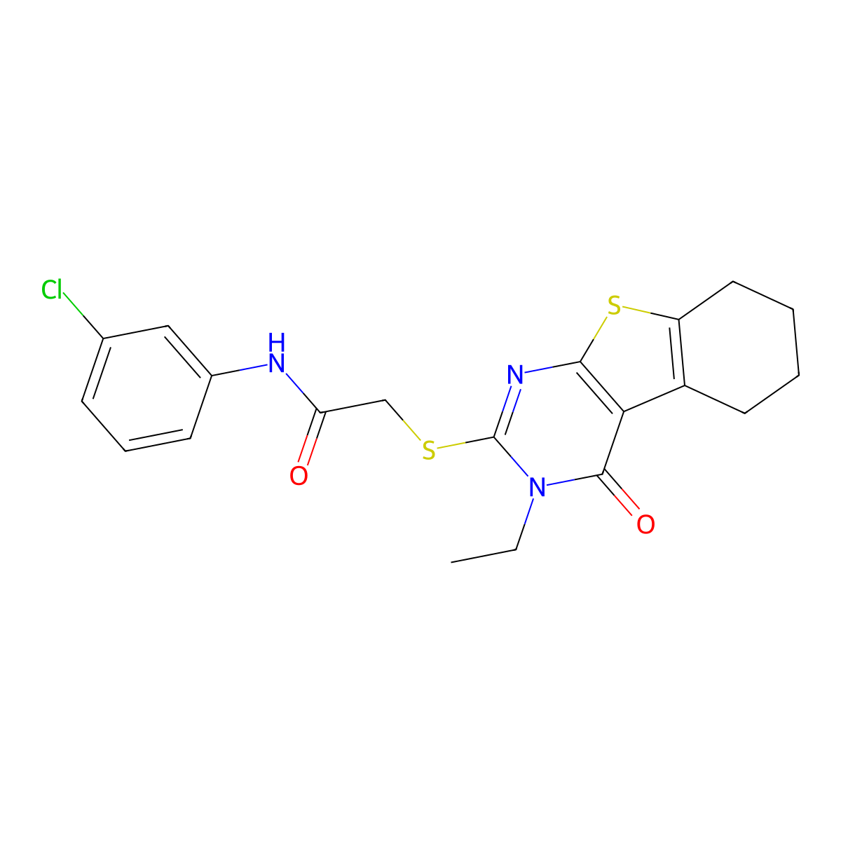 N-(3-chlorophenyl)-2-[(3-ethyl-4-oxo-3,4,5,6,7,8-hexahydro[1]benzothieno[2,3-d]pyrimidin-2-yl)sulfanyl]acetamide molecular structure, CAS 755023-05-3