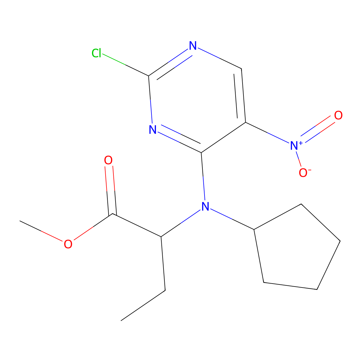 (R)-Methyl 2-((2-chloro-5-nitropyrimidin-4-yl)(cyclopentyl)amino)butanoate molecular structure, CAS 755039-53-3