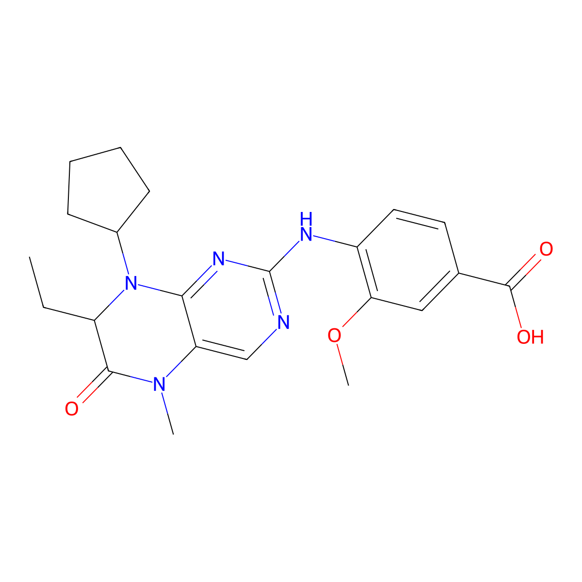(R)-4-(8-cyclopentyl-7-ethyl-5-methyl-6-oxo-5,6,7,8-tetrahydropteridin-2-ylamino)-3-methoxybenzoic acid molecular structure, CAS 755039-56-6