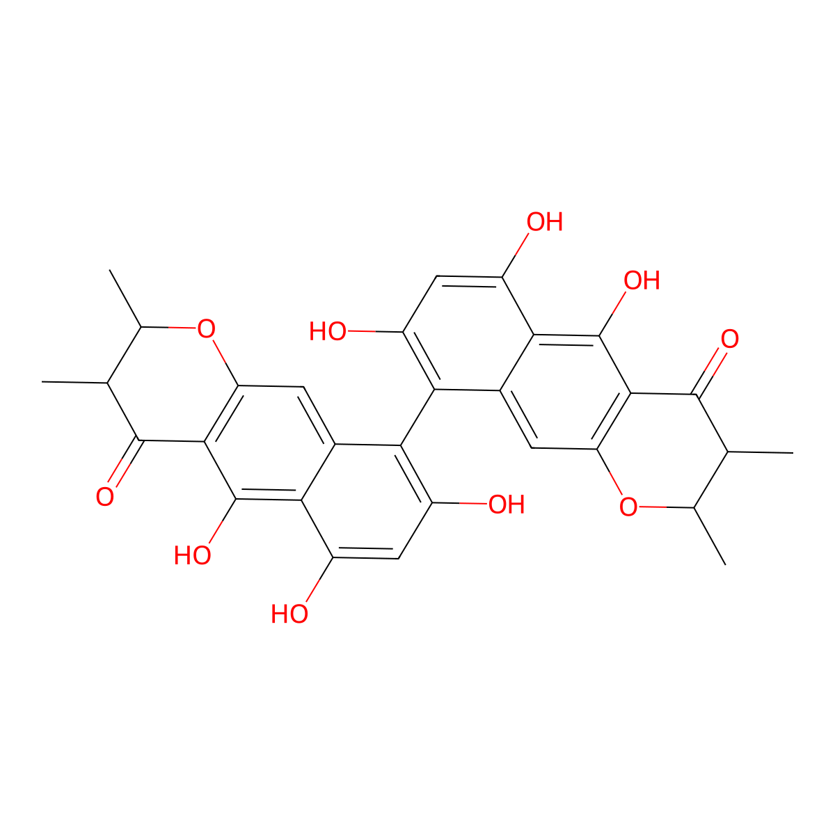 (2R,2'R,3R,3'R,9S)-2,2',3,3'-Tetrahydro-5,5',6,6',8,8'-hexahydroxy-2,2',3,3'-tetramethyl(9,9'-bi-4H-naphtho(2,3-b)pyran)-4,4'-dione molecular structure, CAS 75514-37-3