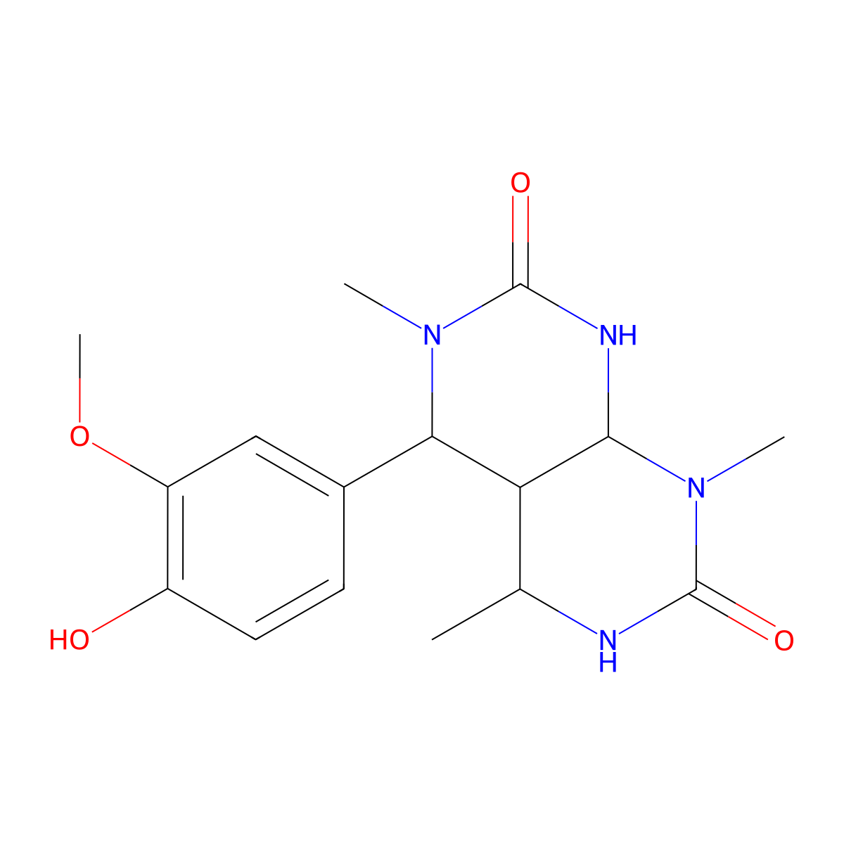 4-(4-Hydroxy-3-methoxyphenyl)-3,5,8-trimethyl-1,4,4a,5,6,8a-hexahydropyrimido[4,5-d]pyrimidine-2,7-dione molecular structure, CAS 75526-10-2