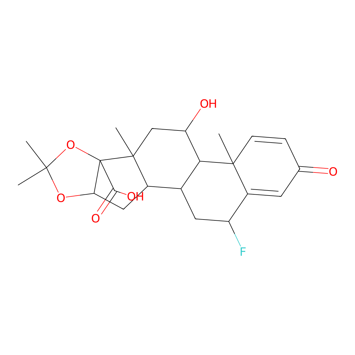 19-Fluoro-11-hydroxy-6,6,9,13-tetramethyl-16-oxo-5,7-dioxapentacyclo[10.8.0.02,9.04,8.013,18]icosa-14,17-diene-8-carboxylic acid molecular structure, CAS 75575-02-9