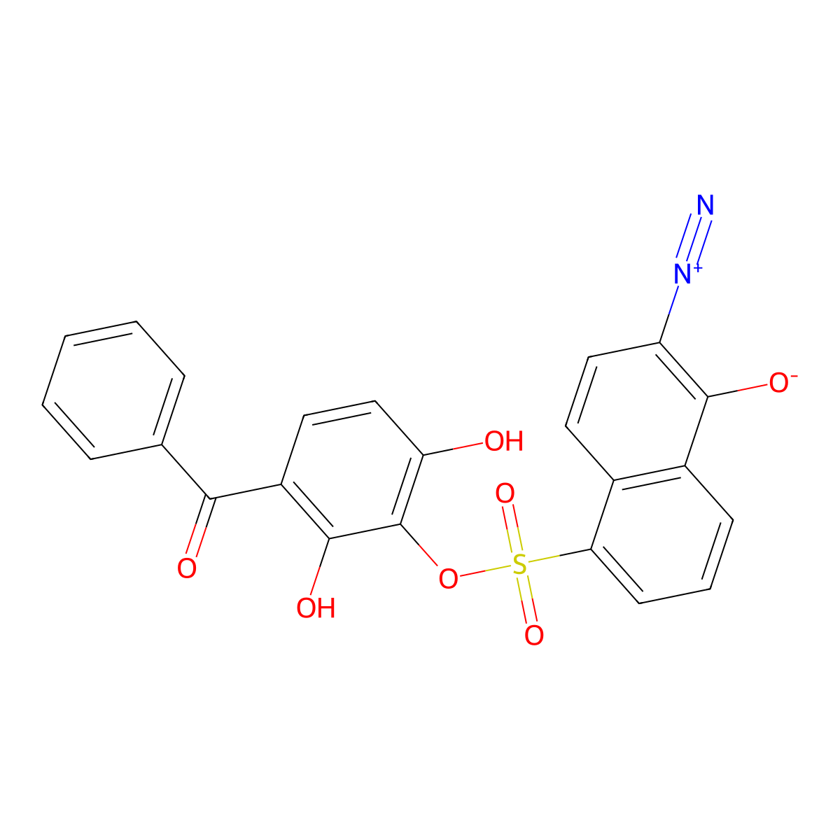 1-Naphthalenesulfonic acid, 6-diazo-5,6-dihydro-5-oxo-, 3-benzoyl-2,6-dihydroxyphenyl ester molecular structure, CAS 75578-78-8