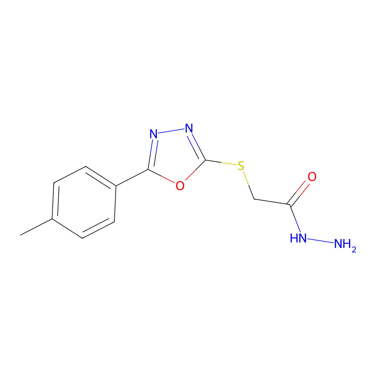 (5-p-Tolyl-[1,3,4]oxadiazol-2-ylsulfanyl)-acetic acid hydrazide molecular structure, CAS 756125-40-3
