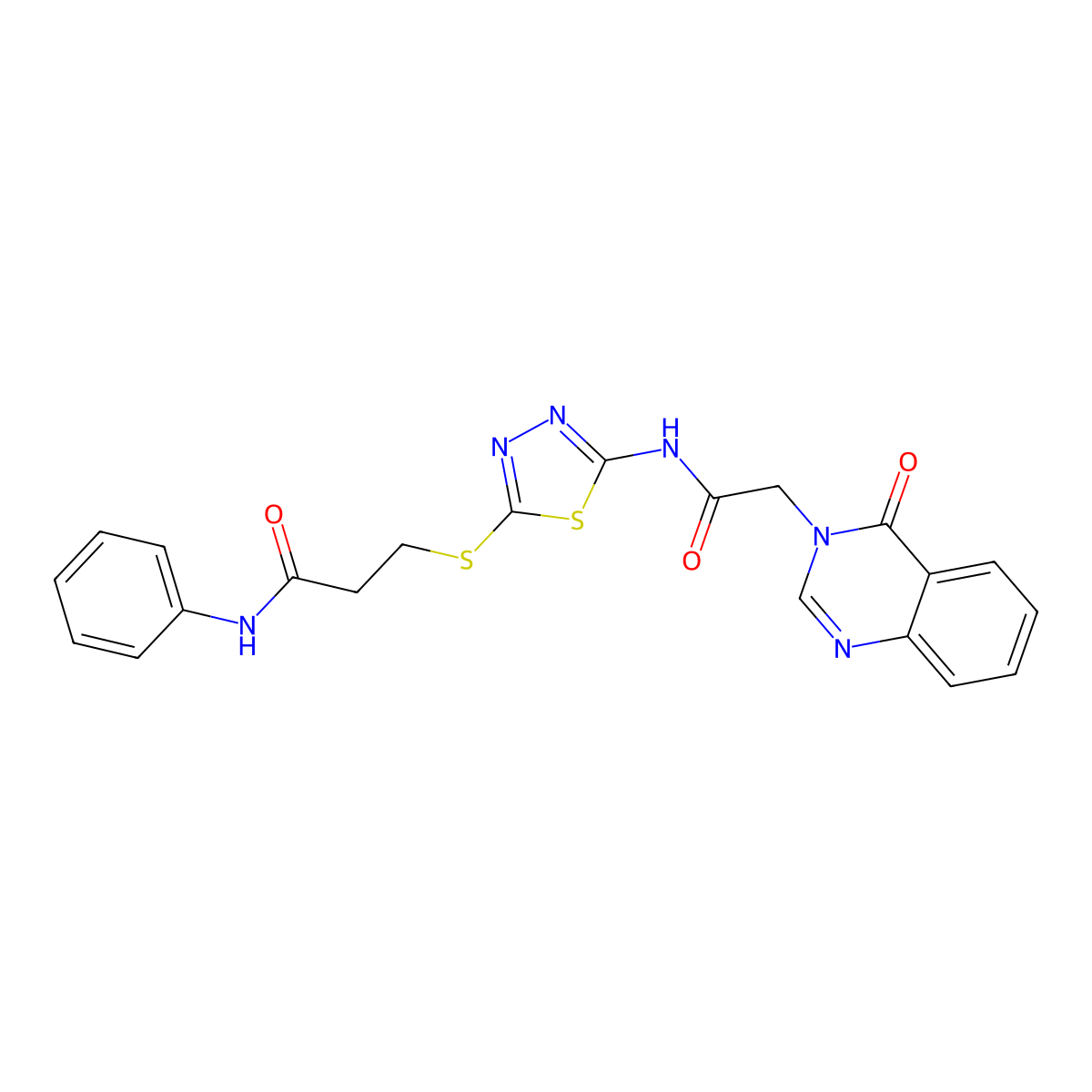 3-[[5-[[2-(4-oxoquinazolin-3-yl)acetyl]amino]-1,3,4-thiadiazol-2-yl]sulfanyl]-N-phenylpropanamide molecular structure, CAS 756487-34-0