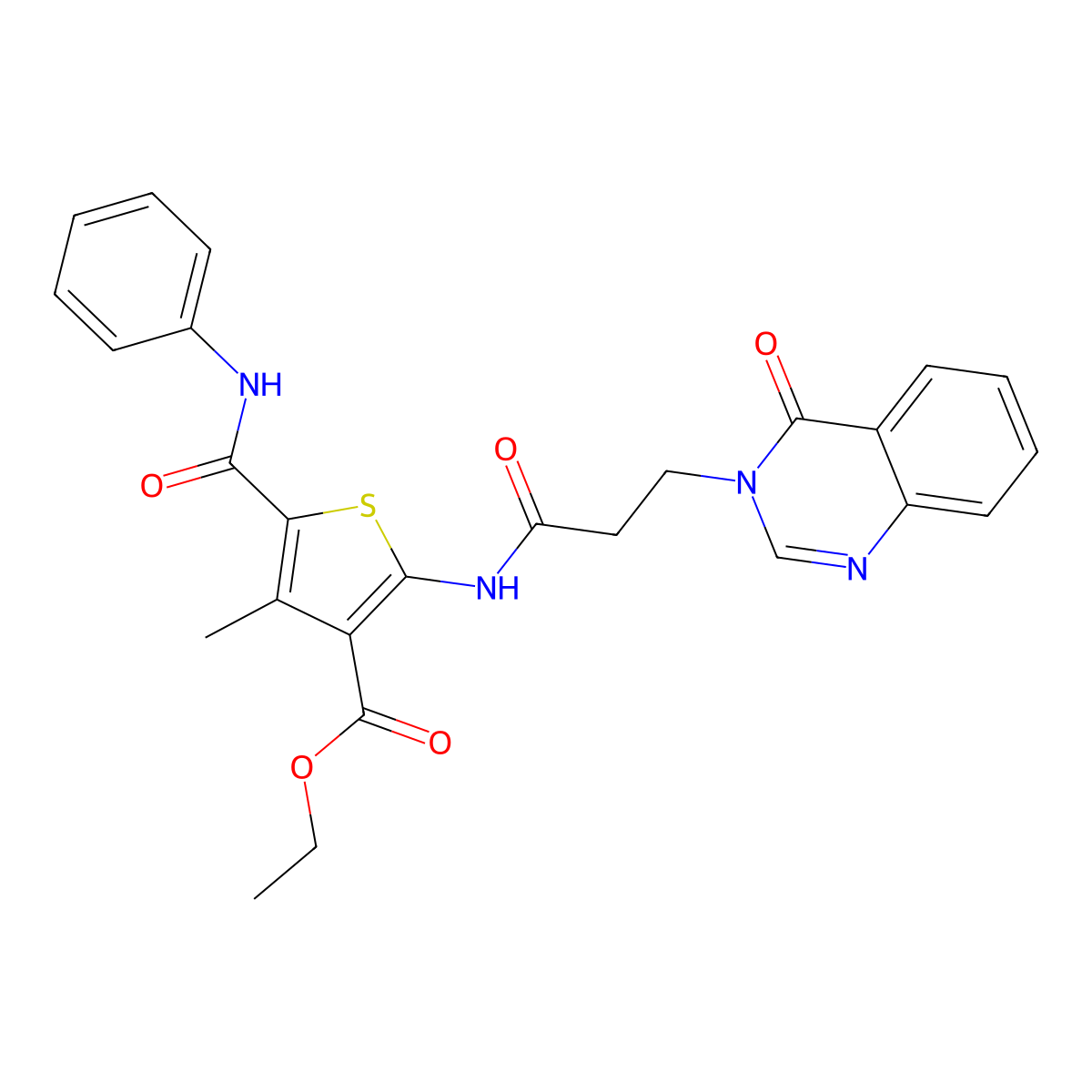 ethyl 4-methyl-2-{[3-(4-oxoquinazolin-3(4H)-yl)propanoyl]amino}-5-(phenylcarbamoyl)thiophene-3-carboxylate molecular structure, CAS 756487-56-6