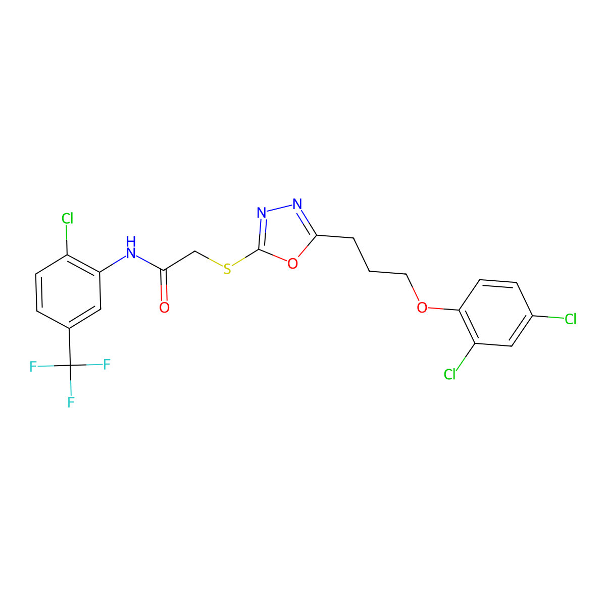 N-[2-chloro-5-(trifluoromethyl)phenyl]-2-({5-[3-(2,4-dichlorophenoxy)propyl]-1,3,4-oxadiazol-2-yl}sulfanyl)acetamide molecular structure, CAS 756489-98-2
