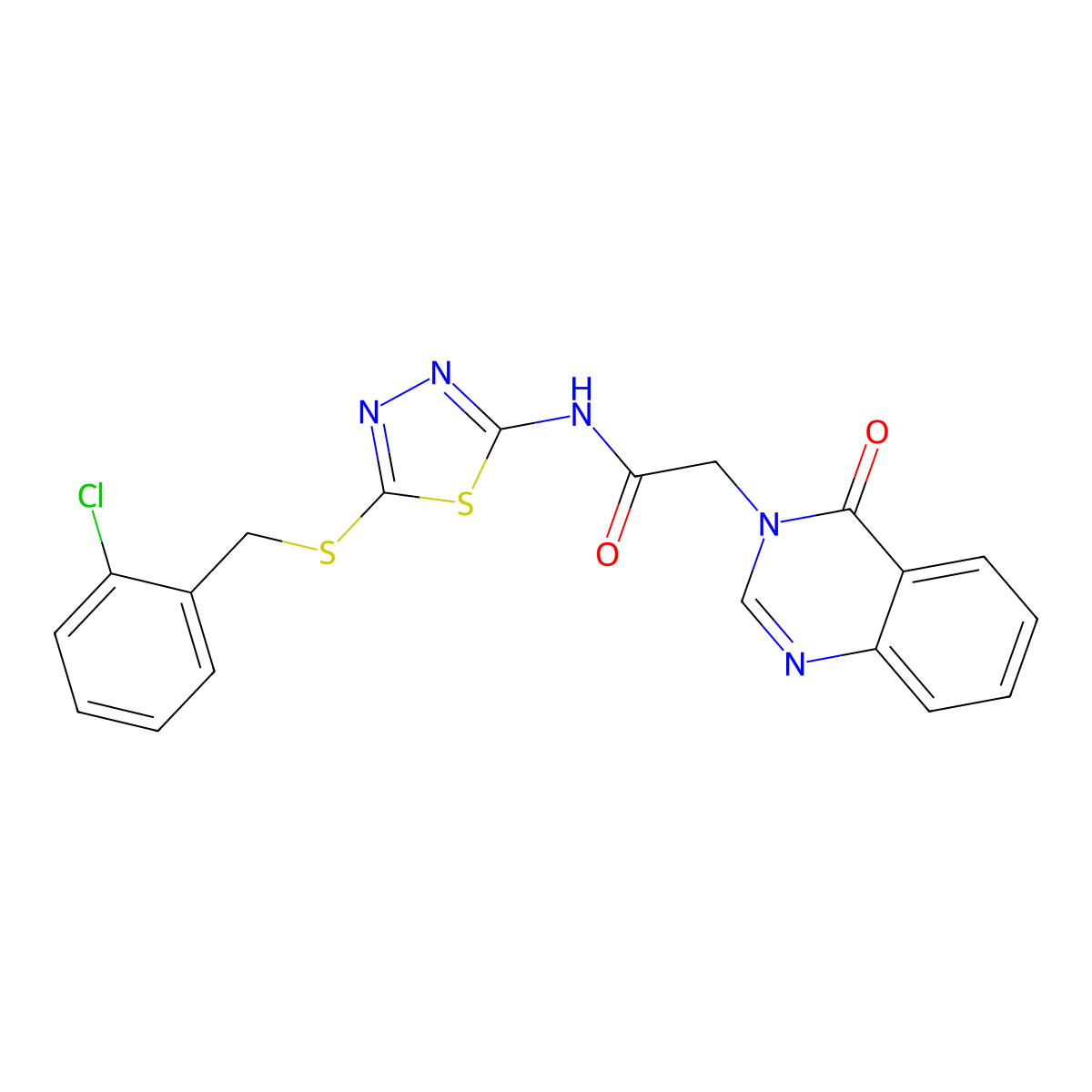 N-[5-[(2-chlorophenyl)methylsulfanyl]-1,3,4-thiadiazol-2-yl]-2-(4-oxoquinazolin-3-yl)acetamide molecular structure, CAS 756490-84-3