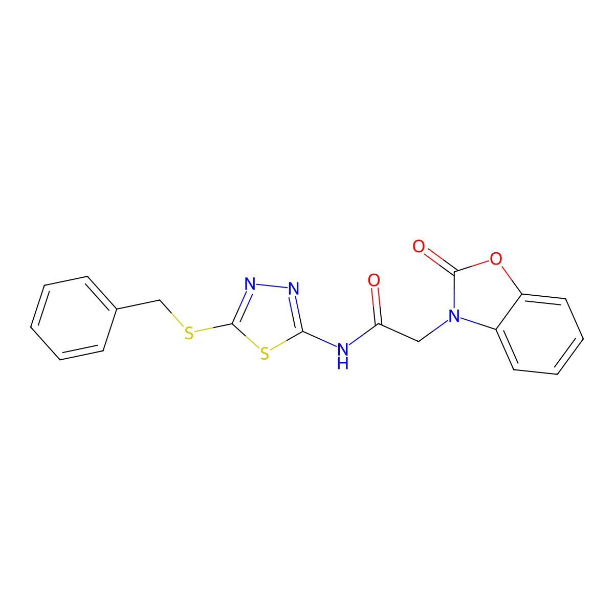 N-(5-benzylsulfanyl-1,3,4-thiadiazol-2-yl)-2-(2-oxo-1,3-benzoxazol-3-yl)acetamide molecular structure, CAS 756492-31-6