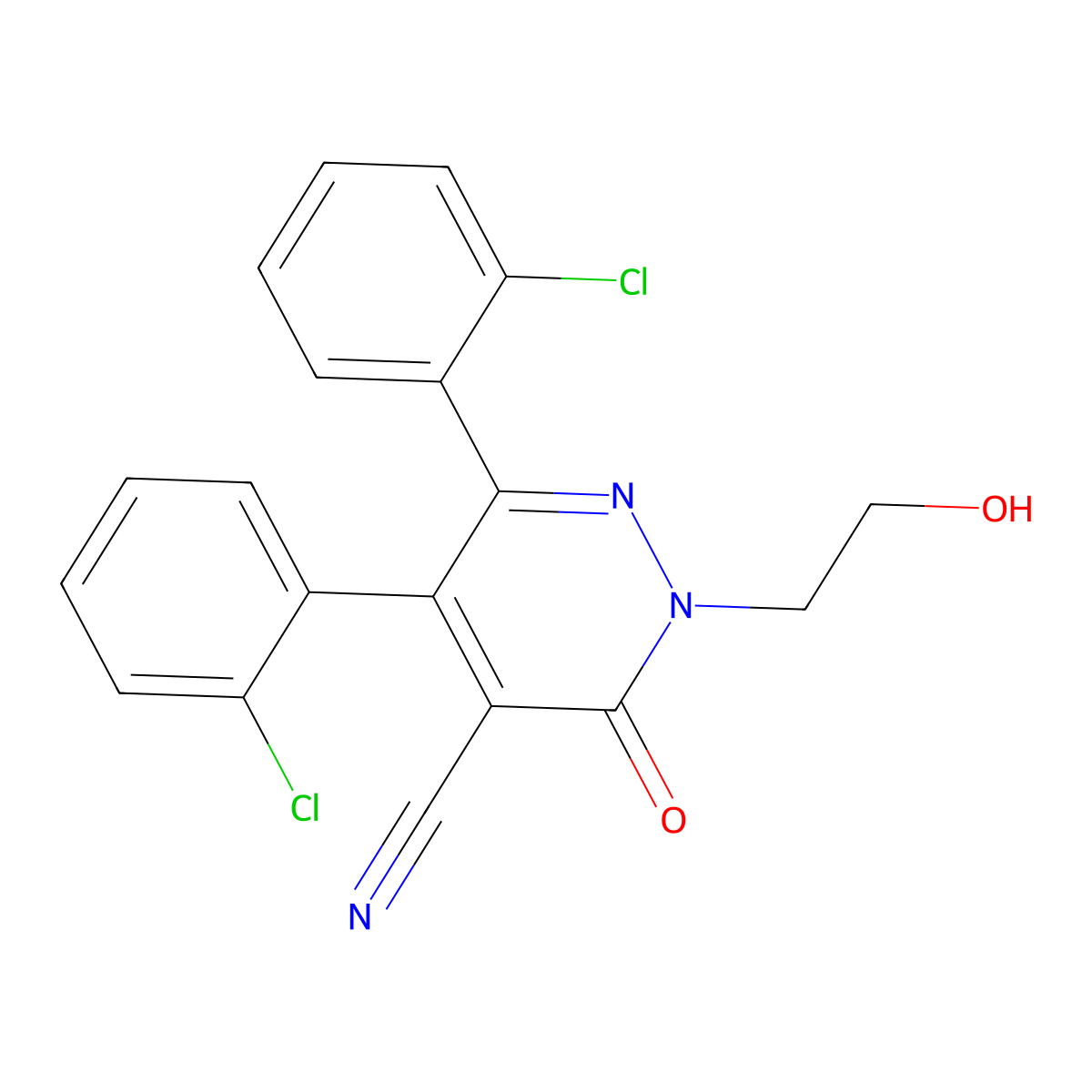 4-Pyridazinecarbonitrile, 5,6-bis(2-chlorophenyl)-2,3-dihydro-2-(2-hydroxyethyl)-3-oxo- molecular structure, CAS 75660-48-9