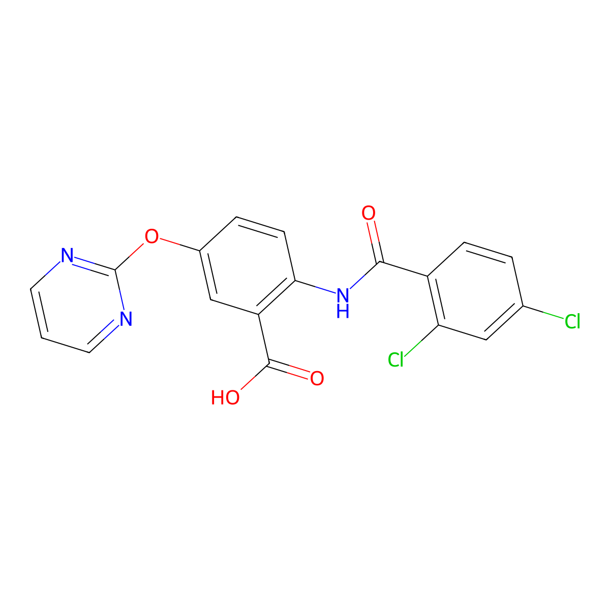 2-[(2,4-Dichlorobenzoyl)amino]-5-(2-pyrimidinyloxy)-benzoic acid molecular structure, CAS 756813-87-3