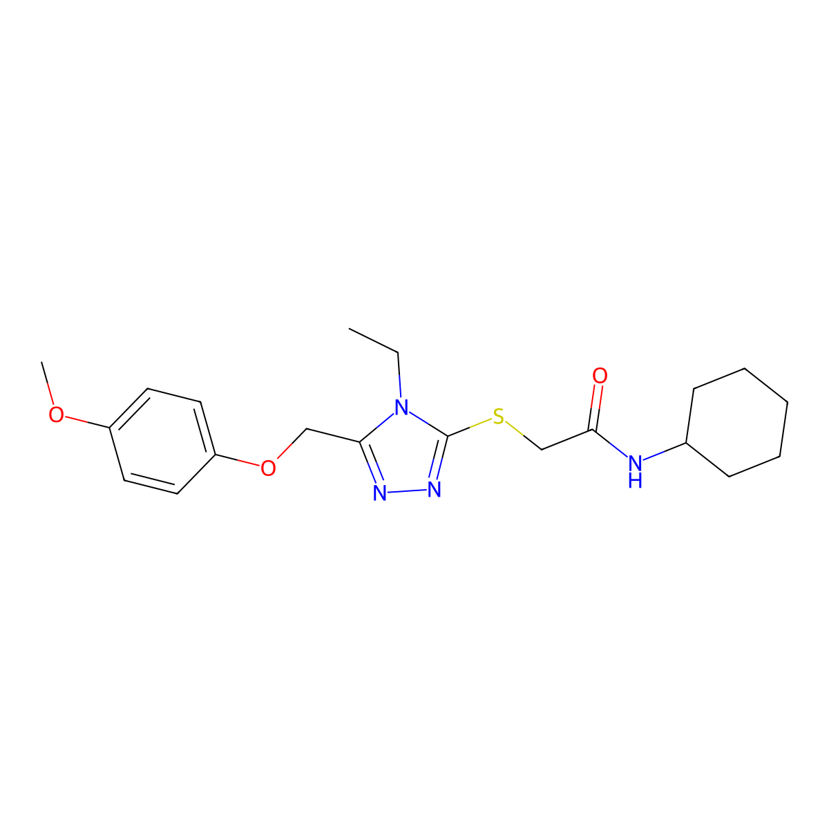 N-cyclohexyl-2-({4-ethyl-5-[(4-methoxyphenoxy)methyl]-4H-1,2,4-triazol-3-yl}sulfanyl)acetamide molecular structure, CAS 756829-74-0