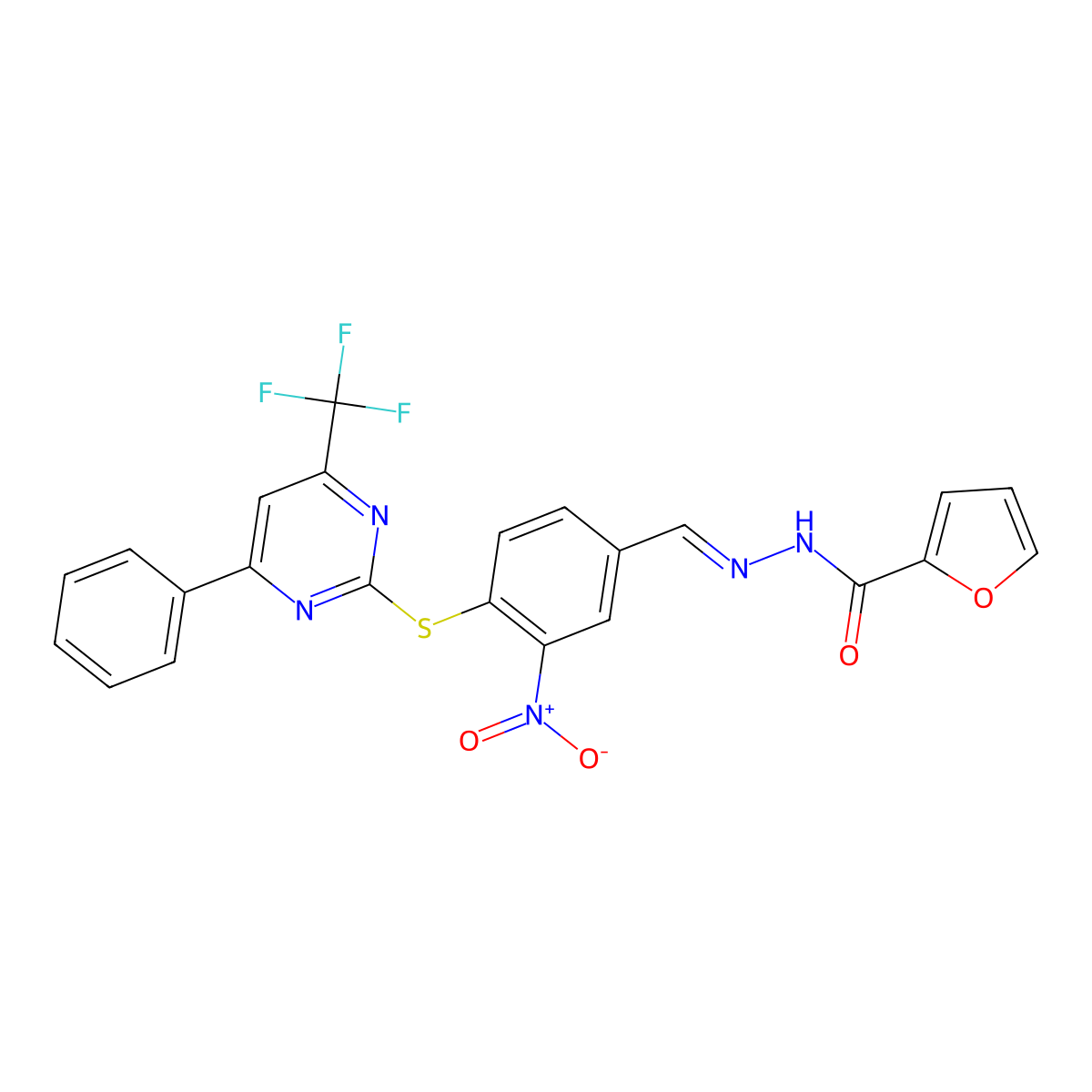 2-Furancarboxylic acid, 2-[[3-nitro-4-[[4-phenyl-6-(trifluoromethyl)-2-pyrimidinyl]thio]phenyl]methylene]hydrazide molecular structure, CAS 757196-85-3