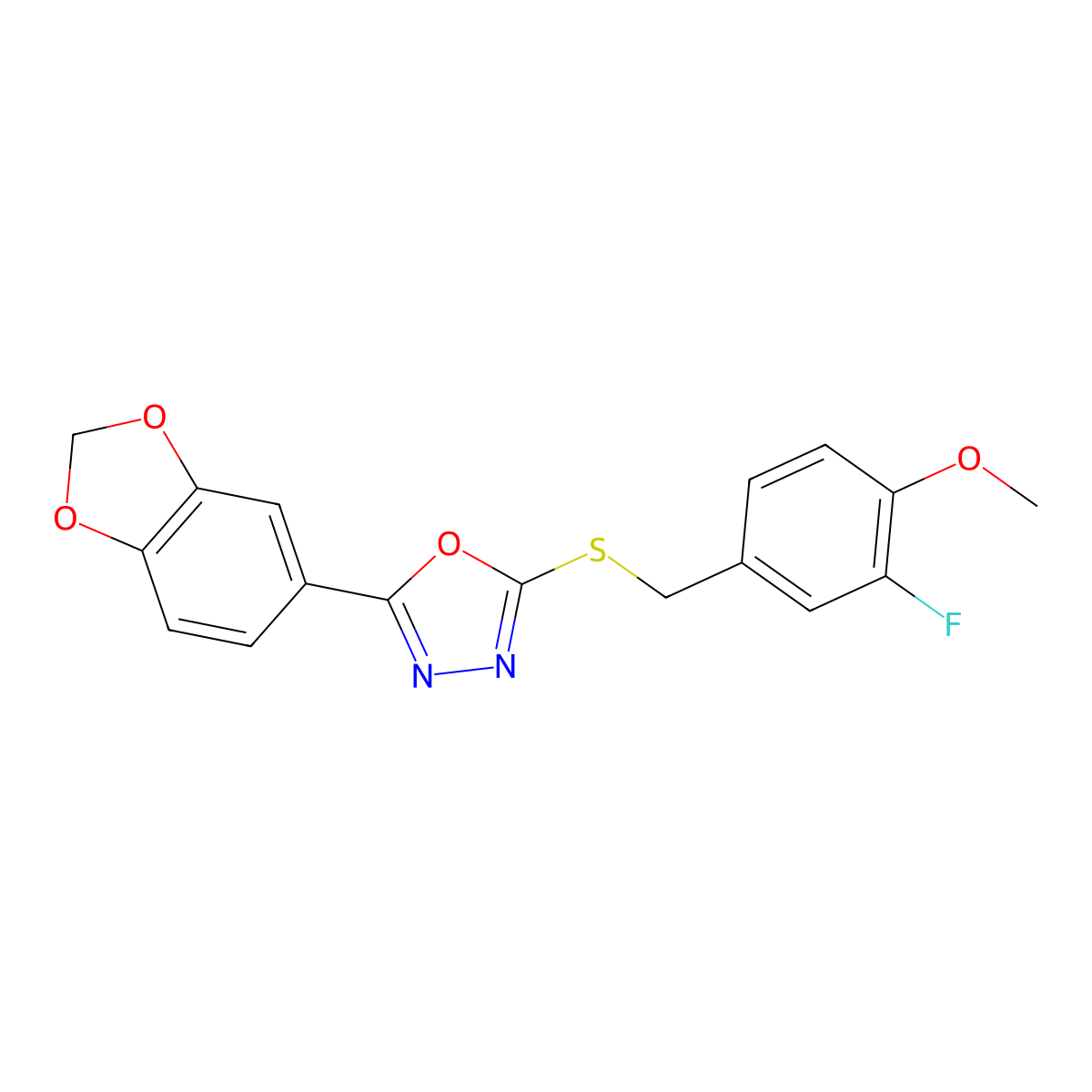 2-(1,3-Benzodioxol-5-yl)-5-((3-fluoro-4-methoxybenzyl)sulfanyl)-1,3,4-oxadiazole molecular structure, CAS 757198-76-8