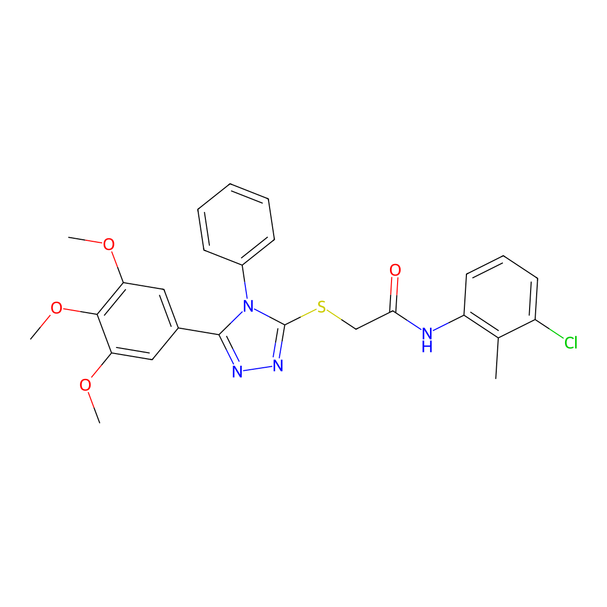 N-(3-chloro-2-methylphenyl)-2-{[4-phenyl-5-(3,4,5-trimethoxyphenyl)-4H-1,2,4-triazol-3-yl]sulfanyl}acetamide molecular structure, CAS 757212-60-5