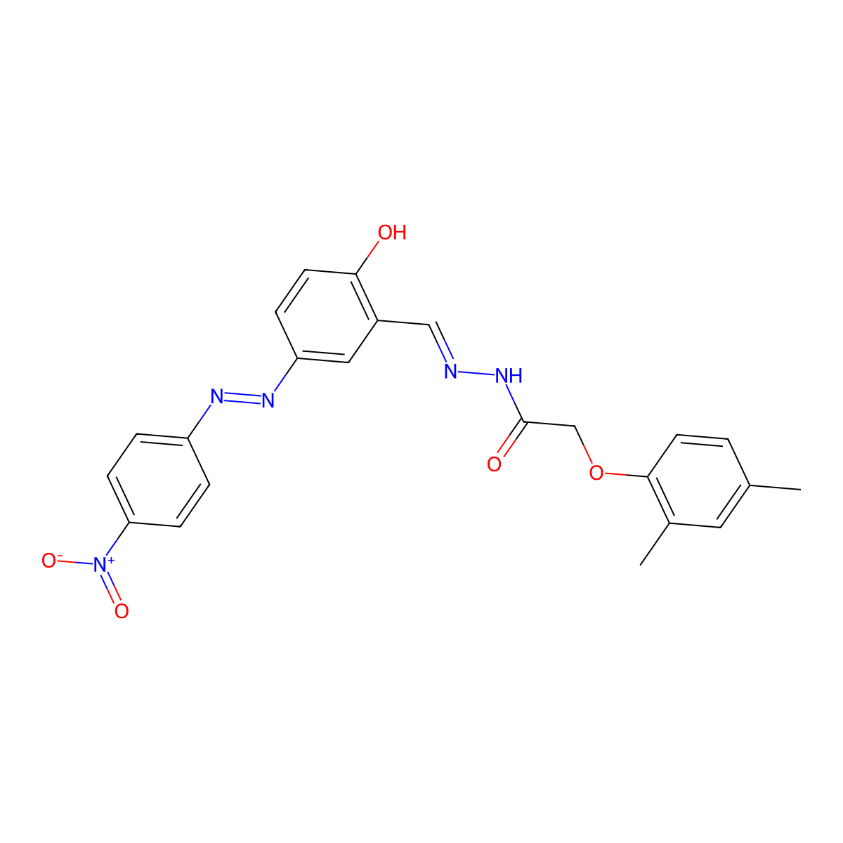 Acetic acid, 2-(2,4-dimethylphenoxy)-, 2-[[2-hydroxy-5-[2-(4-nitrophenyl)diazenyl]phenyl]methylene]hydrazide molecular structure, CAS 757213-10-8