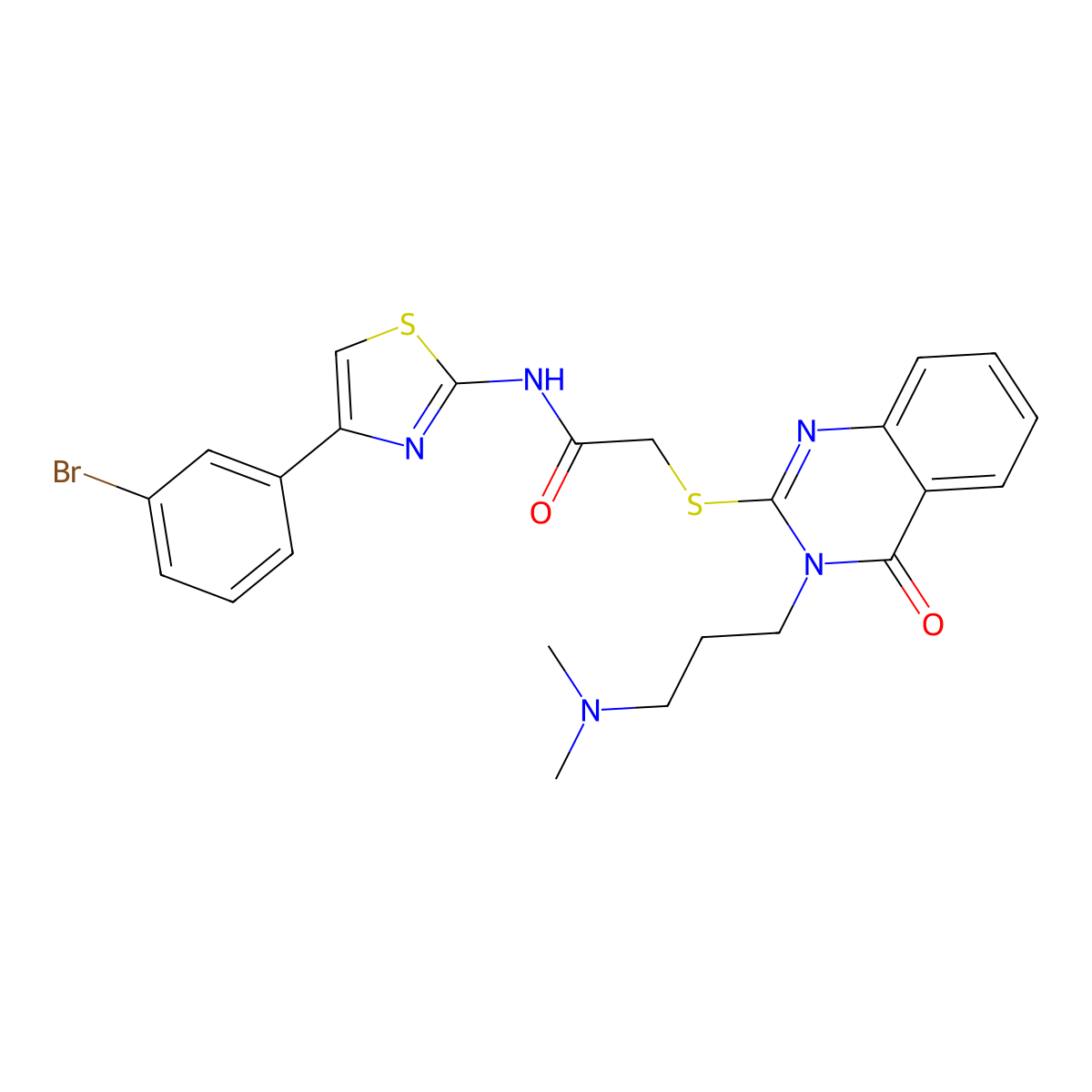 N-[4-(3-bromophenyl)-1,3-thiazol-2-yl]-2-[3-[3-(dimethylamino)propyl]-4-oxoquinazolin-2-yl]sulfanylacetamide molecular structure, CAS 757215-55-7