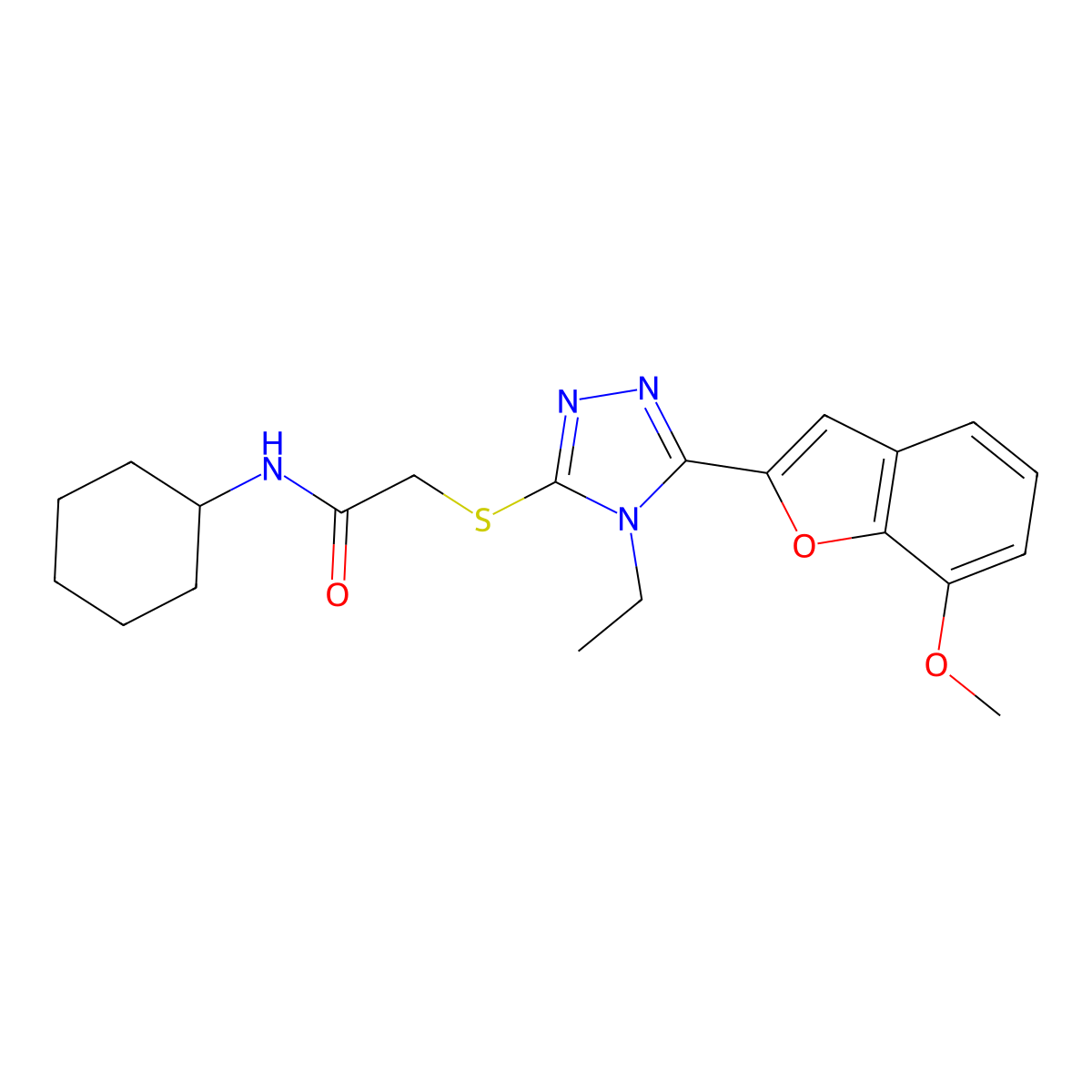 N-Cyclohexyl-2-[4-ethyl-5-(7-methoxy-benzofuran-2-yl)-4H-[1,2,4]triazol-3-ylsulfanyl]-acetamide molecular structure, CAS 757222-05-2