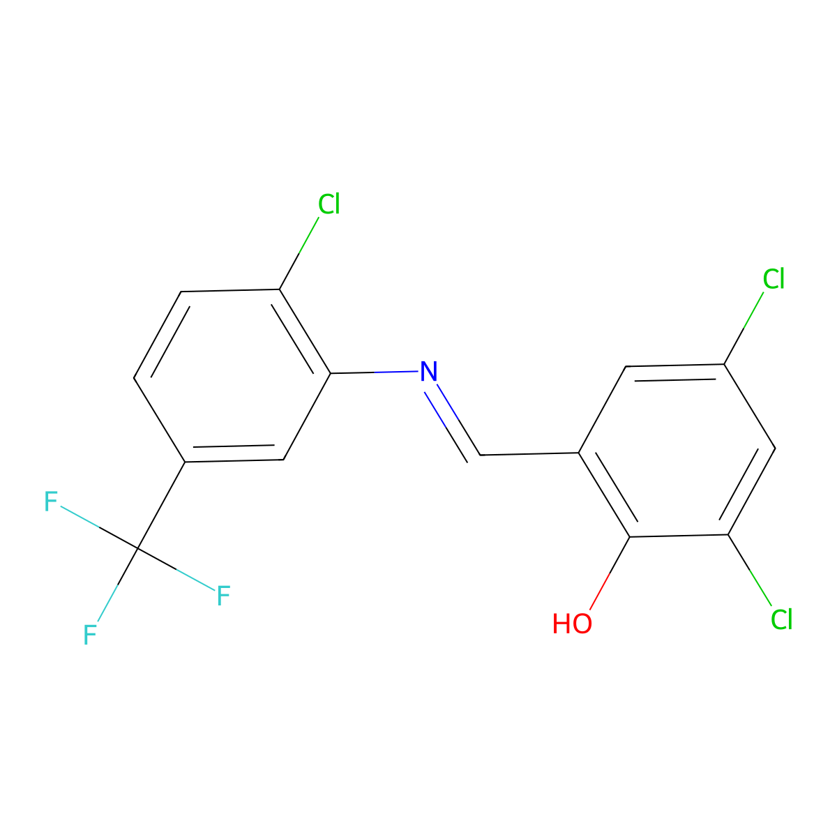 2,4-Dichloro-6-[[2-chloro-5-(trifluoromethyl)phenyl]iminomethyl]phenol molecular structure, CAS 75854-13-6