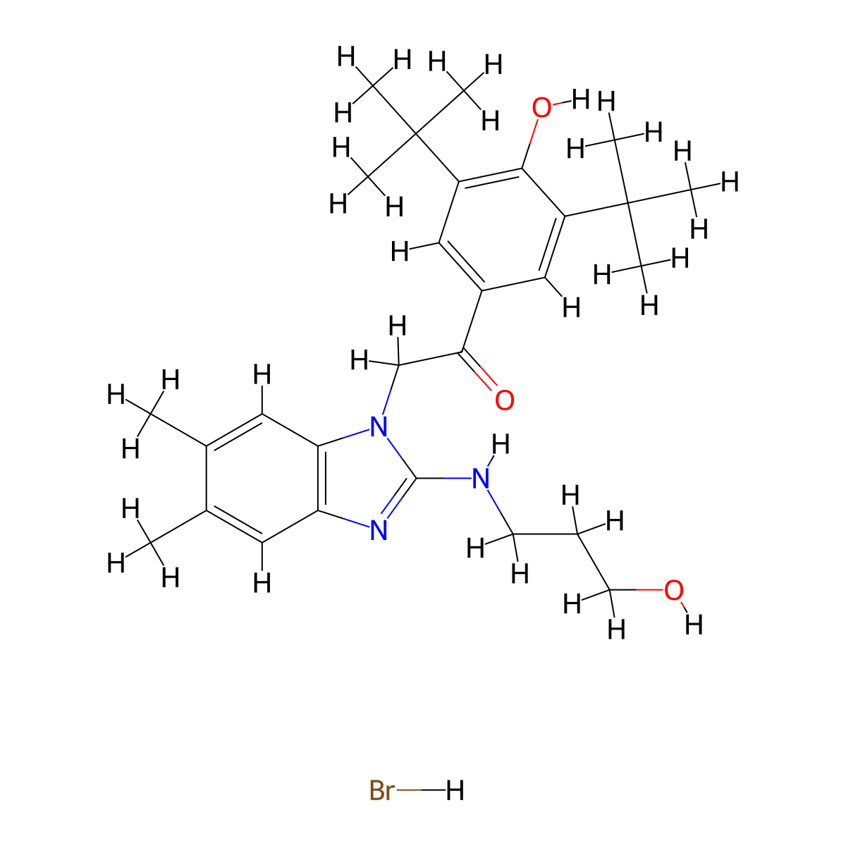 1-(3,5-Ditert-butyl-4-hydroxyphenyl)-2-[2-(3-hydroxypropylamino)-5,6-dimethylbenzimidazol-1-yl]ethanone;hydrobromide molecular structure, CAS 758679-97-9