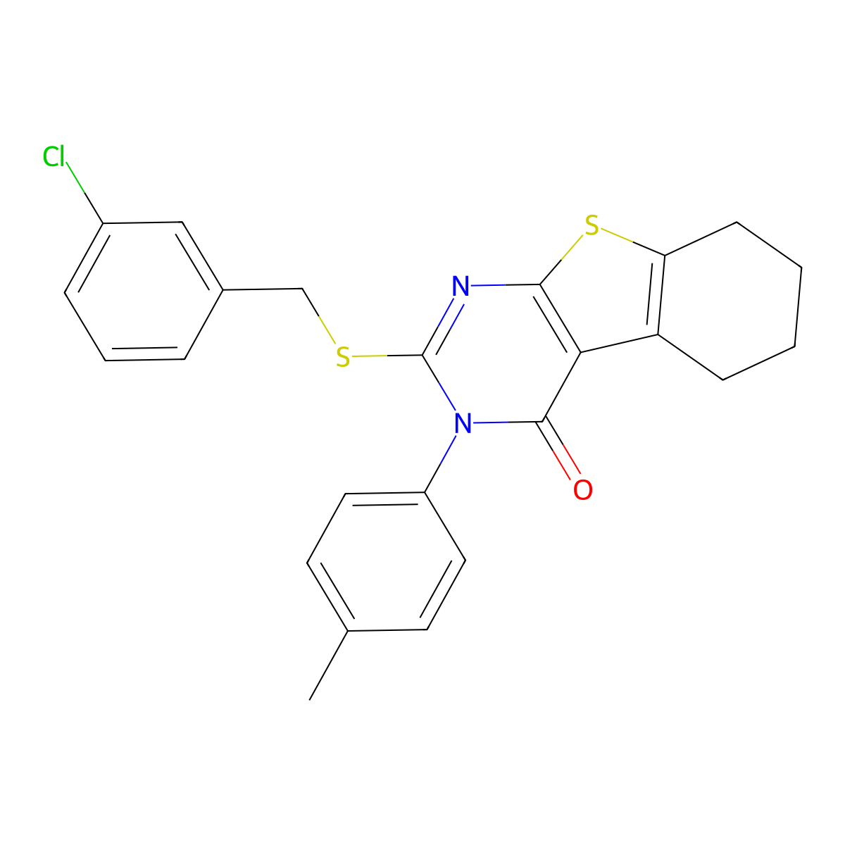 2-[(3-chlorobenzyl)sulfanyl]-3-(4-methylphenyl)-5,6,7,8-tetrahydro[1]benzothieno[2,3-d]pyrimidin-4(3H)-one molecular structure, CAS 758687-65-9