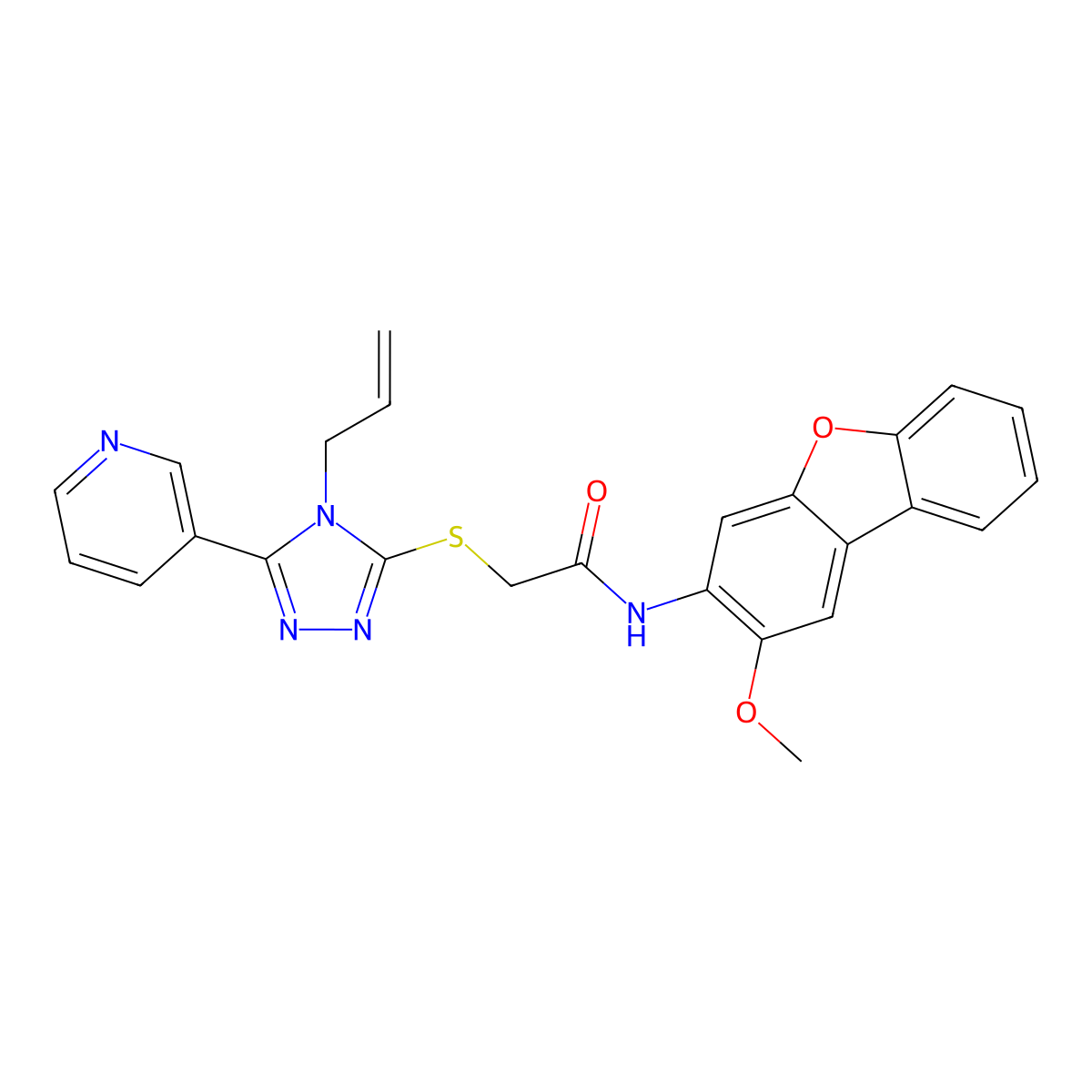 2-[(4-allyl-5-pyridin-3-yl-4H-1,2,4-triazol-3-yl)thio]-N-(2-methoxydibenzo[b,d]furan-3-yl)acetamide molecular structure, CAS 758687-88-6
