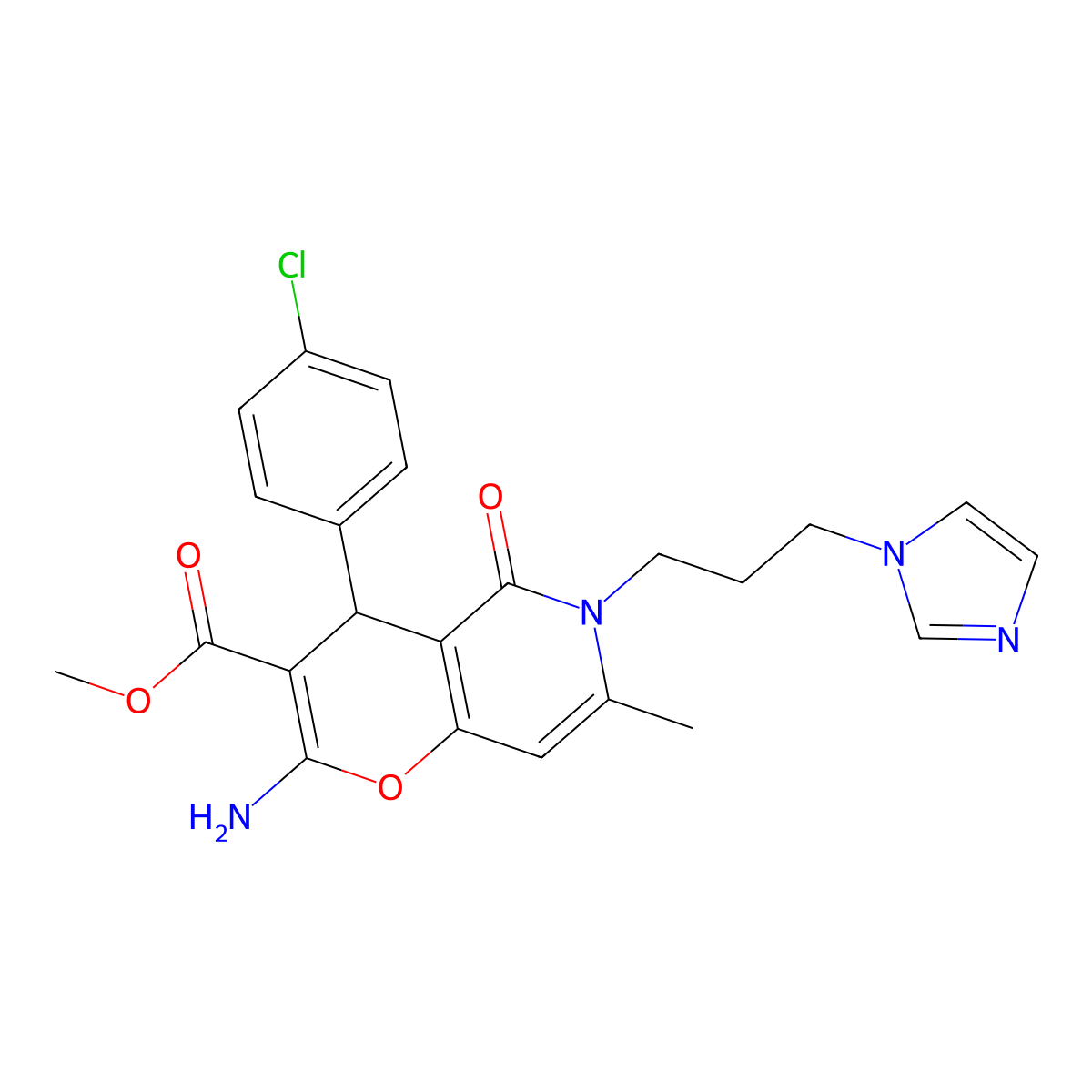 methyl 2-amino-4-(4-chlorophenyl)-6-[3-(1H-imidazol-1-yl)propyl]-7-methyl-5-oxo-5,6-dihydro-4H-pyrano[3,2-c]pyridine-3-carboxylate molecular structure, CAS 758700-47-9