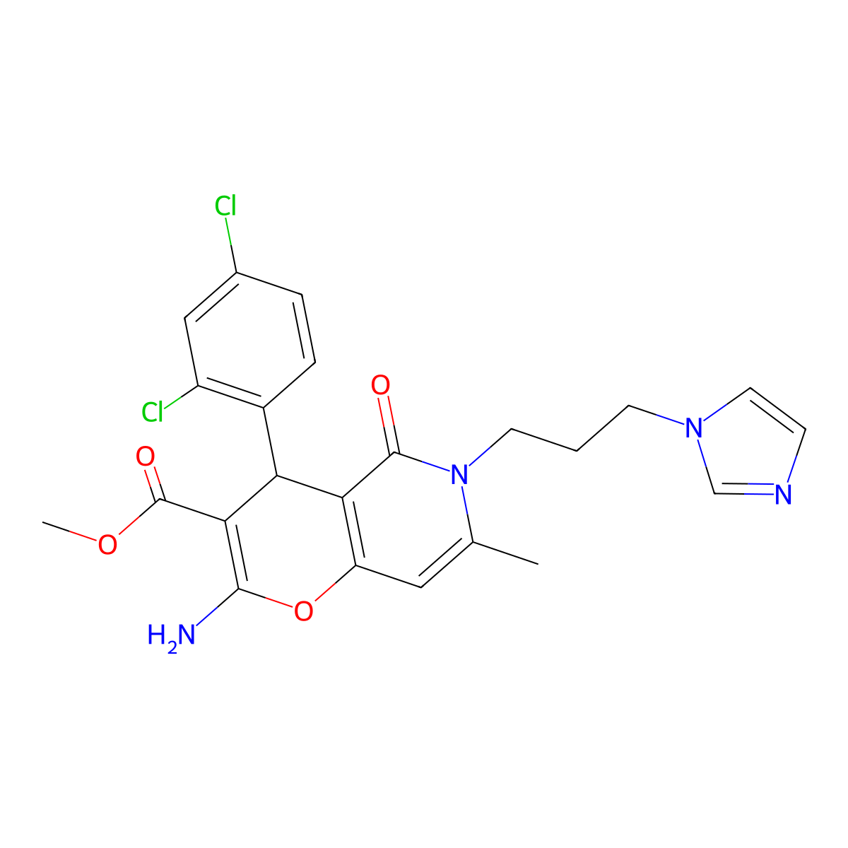 methyl 2-amino-4-(2,4-dichlorophenyl)-6-[3-(1H-imidazol-1-yl)propyl]-7-methyl-5-oxo-5,6-dihydro-4H-pyrano[3,2-c]pyridine-3-carboxylate molecular structure, CAS 758700-49-1