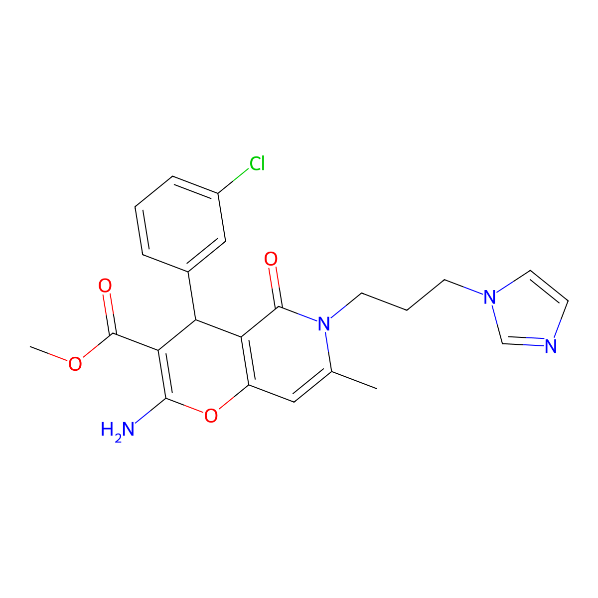methyl 2-amino-4-(3-chlorophenyl)-6-[3-(1H-imidazol-1-yl)propyl]-7-methyl-5-oxo-5,6-dihydro-4H-pyrano[3,2-c]pyridine-3-carboxylate molecular structure, CAS 758700-51-5