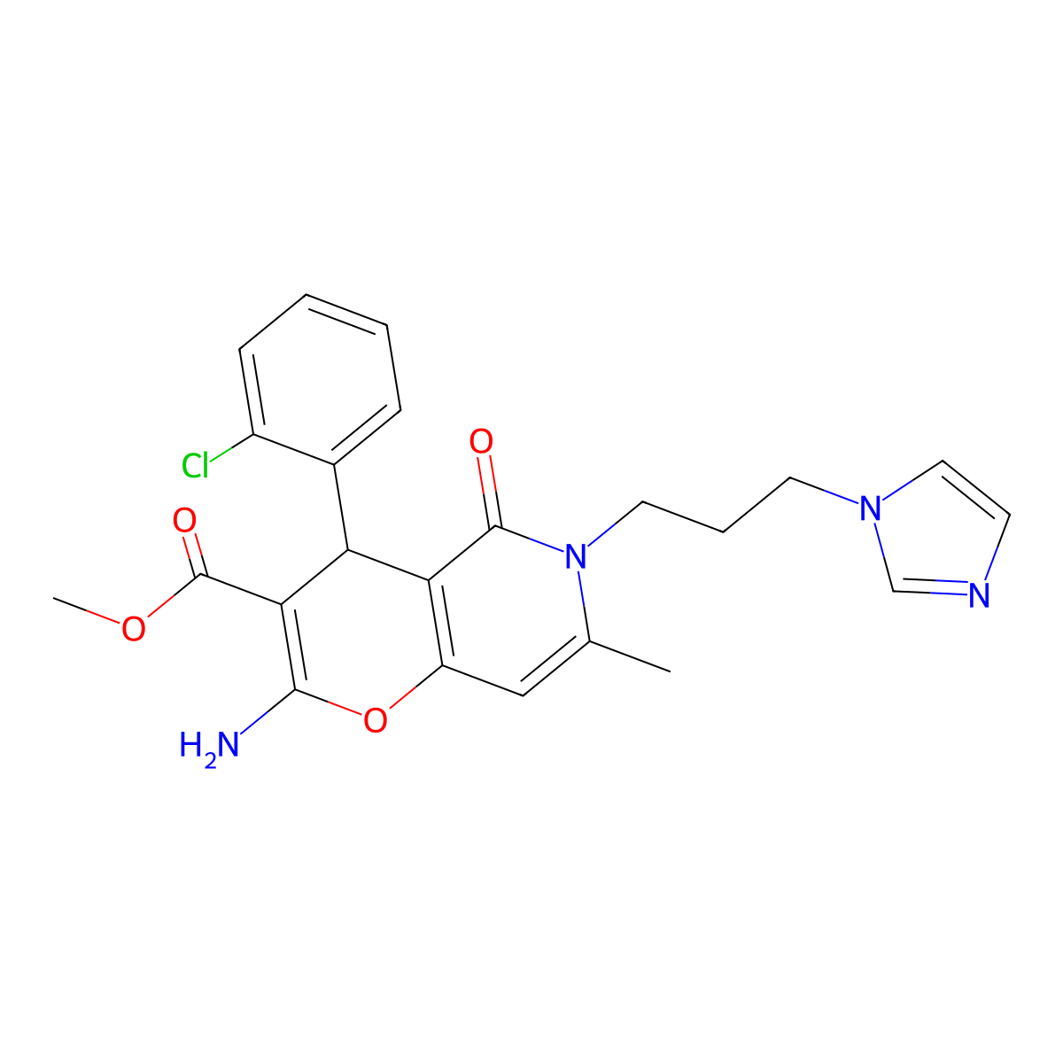 methyl 6-(3-(1H-imidazol-1-yl)propyl)-2-amino-4-(2-chlorophenyl)-7-methyl-5-oxo-5,6-dihydro-4H-pyrano[3,2-c]pyridine-3-carboxylate molecular structure, CAS 758700-53-7