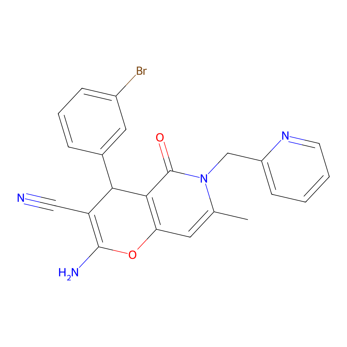 2-amino-4-(3-bromophenyl)-7-methyl-5-oxo-6-(pyridin-2-ylmethyl)-5,6-dihydro-4H-pyrano[3,2-c]pyridine-3-carbonitrile molecular structure, CAS 758700-66-2
