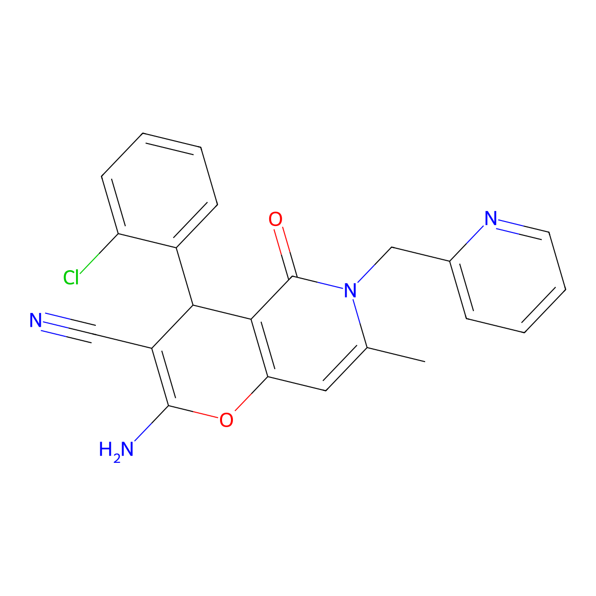 2-amino-4-(2-chlorophenyl)-7-methyl-5-oxo-6-(pyridin-2-ylmethyl)-5,6-dihydro-4H-pyrano[3,2-c]pyridine-3-carbonitrile molecular structure, CAS 758700-72-0